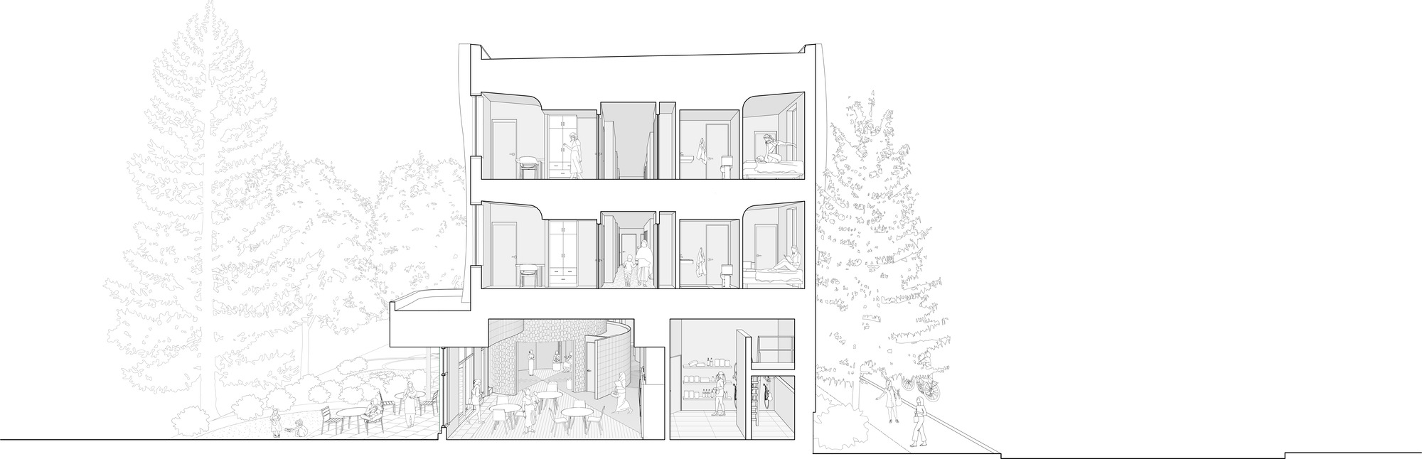 Section drawing of a three-storey block with bedrooms above and a café below, flanked by tall outlined conifers and figures outside
