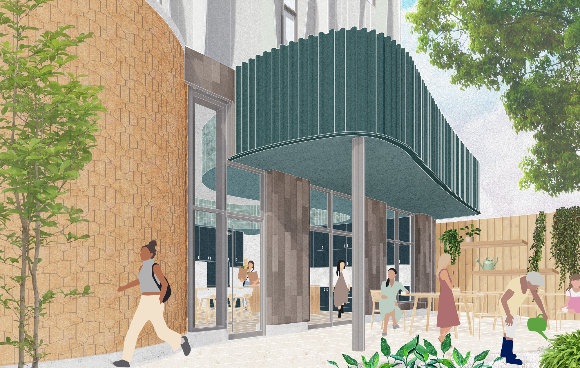 Rendering of a green fluted canopy over a glazed entrance beside a curved tiled wall, with a woman walking past and people gardening