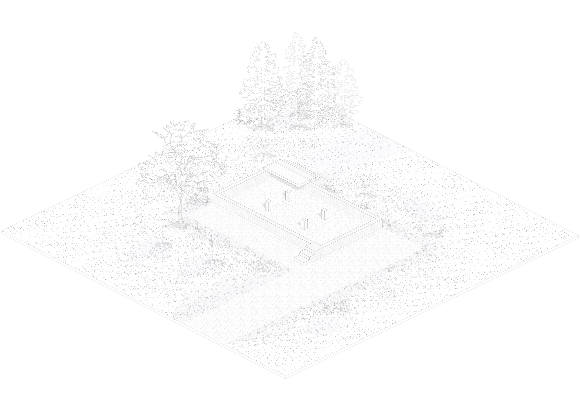 Isometric drawing of the site with a raised platform, short steps, four small posts and a path leading in