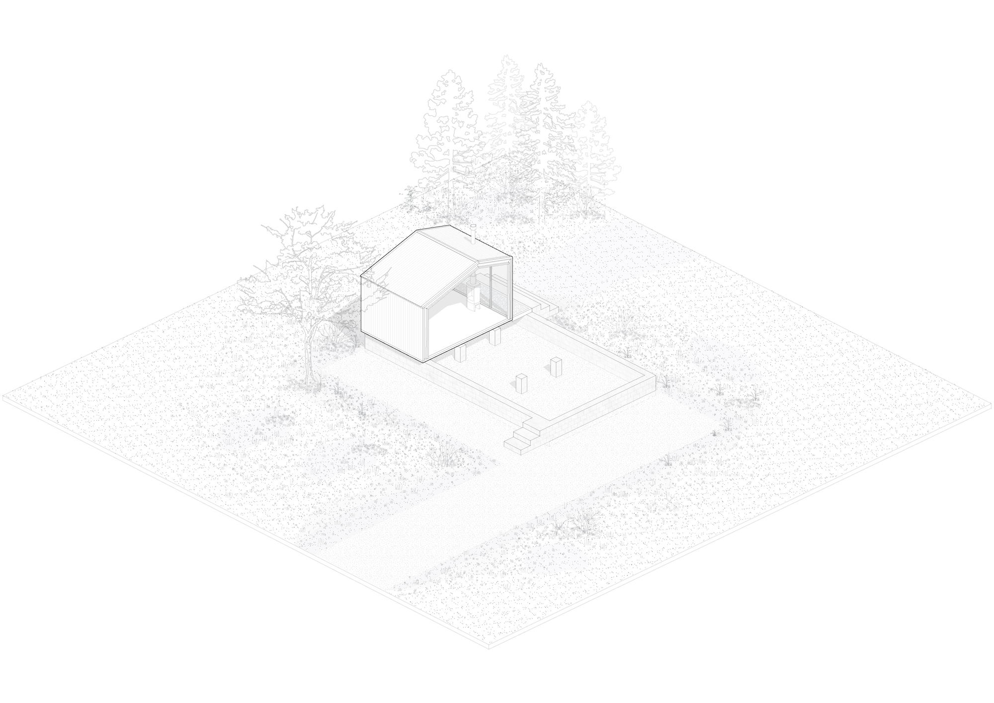 Isometric drawing of a gabled cabin volume sitting on the platform, cut away to show the interior, beside a tree and pines