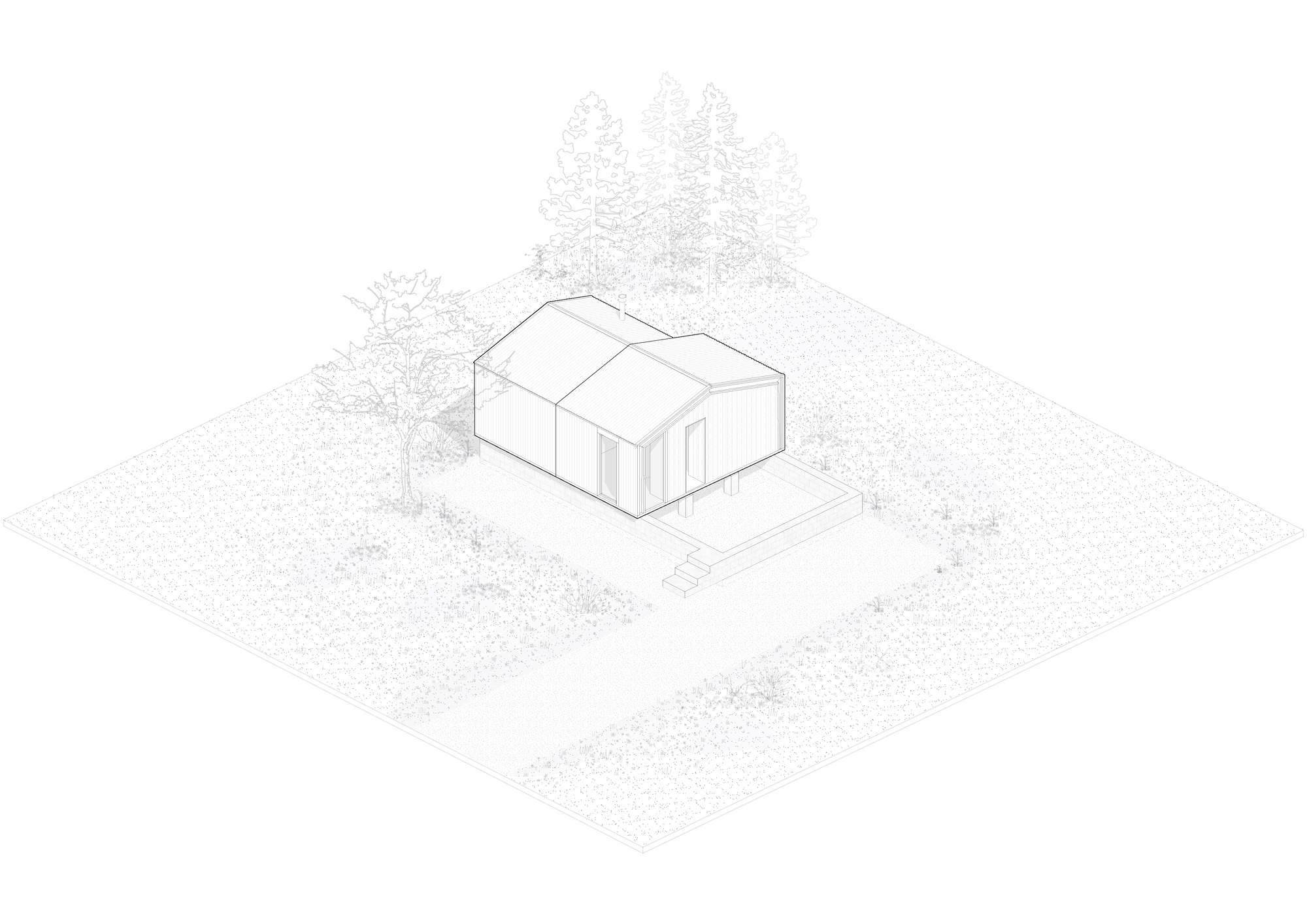 Axonometric drawing of a small gabled cabin with two joined volumes, a front deck and steps, set among trees and grass