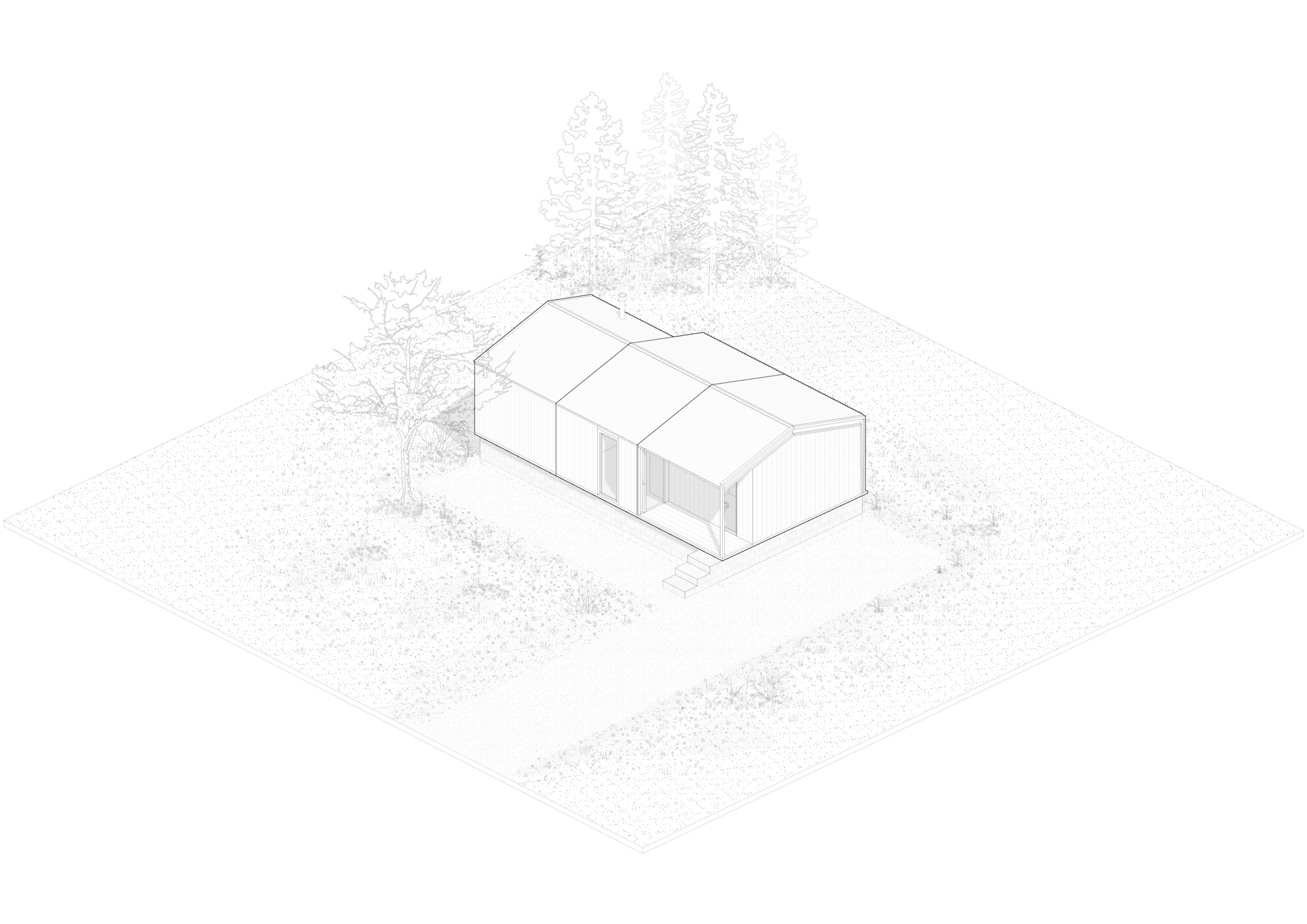 Axonometric drawing of an elongated three-gable cabin with a recessed porch, steps and a deciduous tree beside a row of conifers