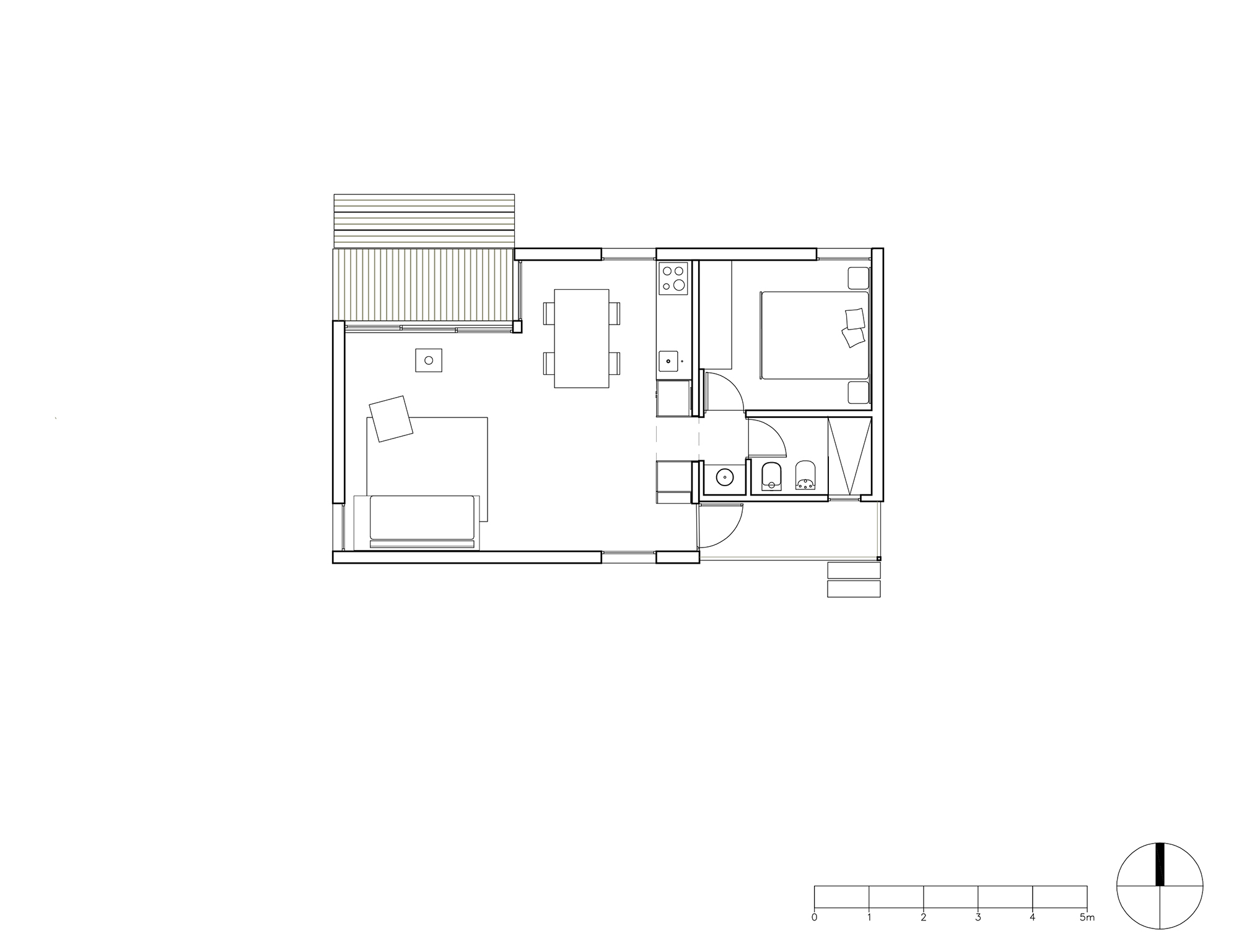 Floor plan drawing of a compact cabin with living area, kitchen, bathroom, bedroom and a slatted deck, with scale bar and north arrow
