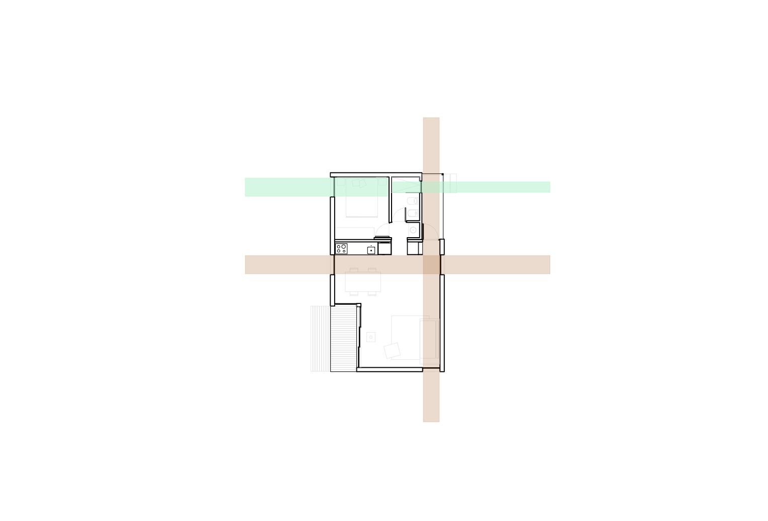 Floor plan drawing of the cabin overlaid with orange and green bands marking crossing axes through the layout