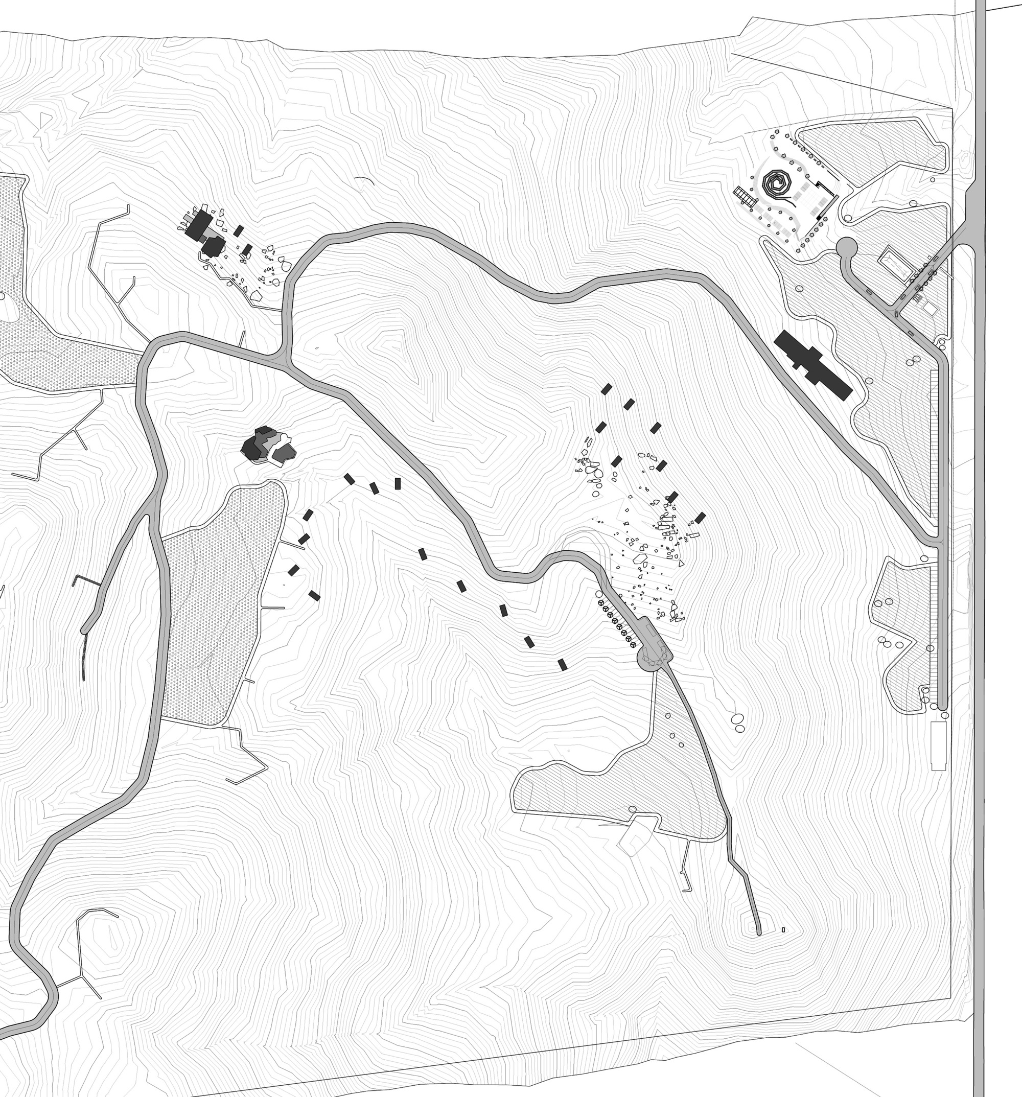 Site plan drawing with contour lines, winding access roads and scattered small cabin footprints across a hillside property