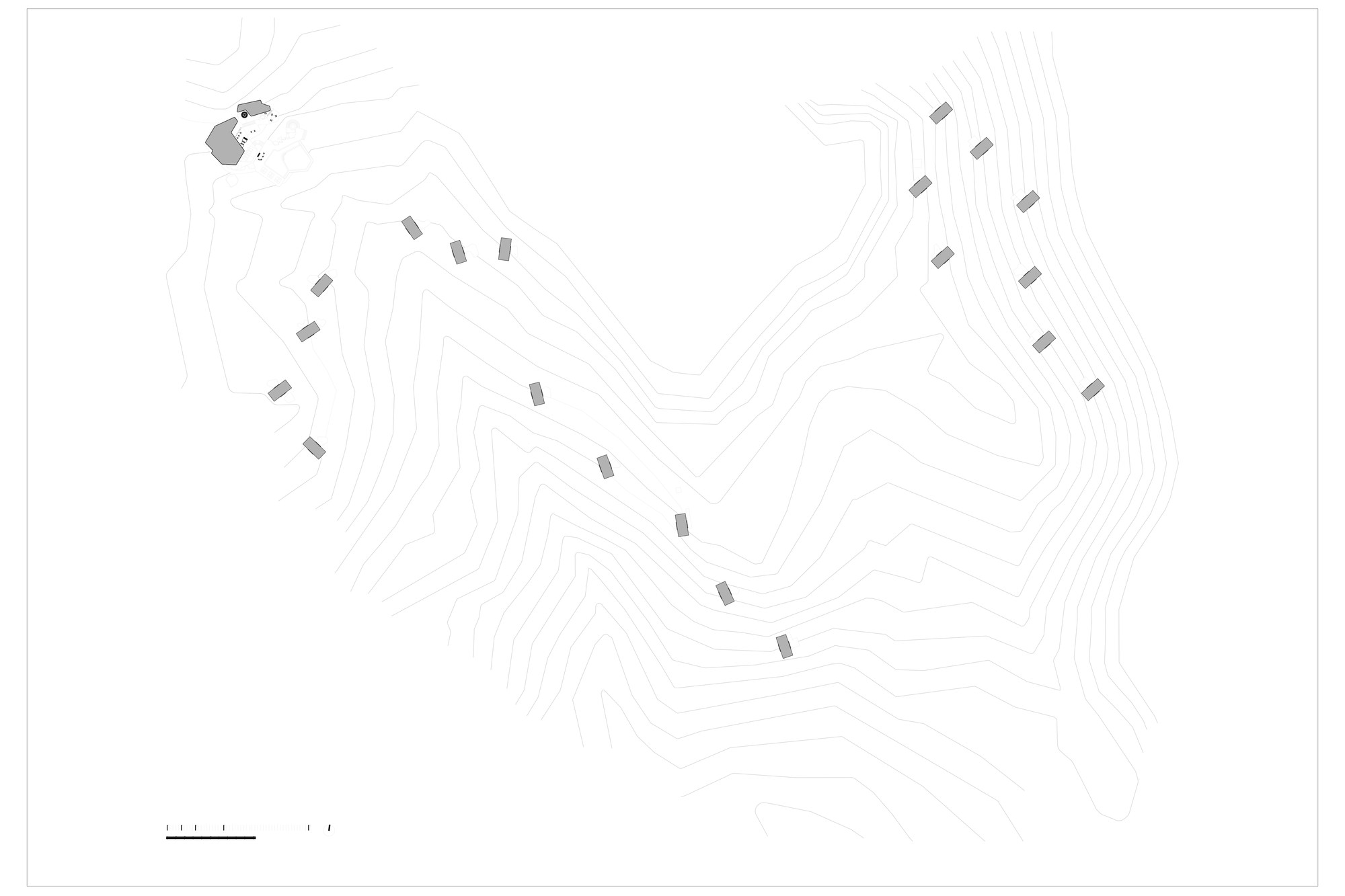 Site plan drawing of cabin footprints arranged in a V-shaped line along hillside contours, with a scale bar at lower left