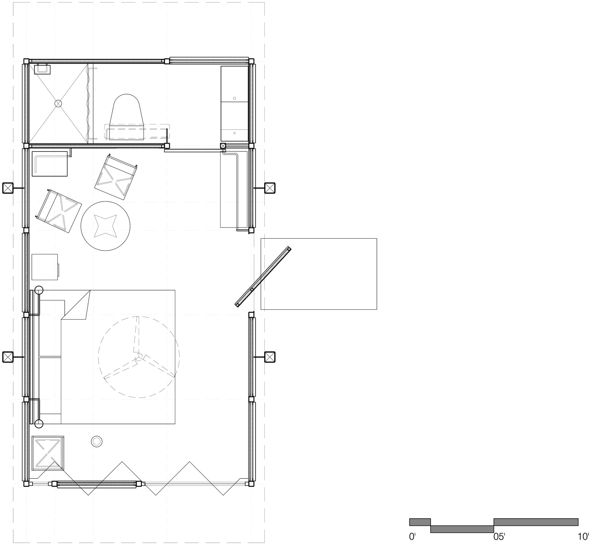 Floor plan drawing of a single cabin showing bathroom, seating area, bed, folding glass doors and a swinging door, with scale bar