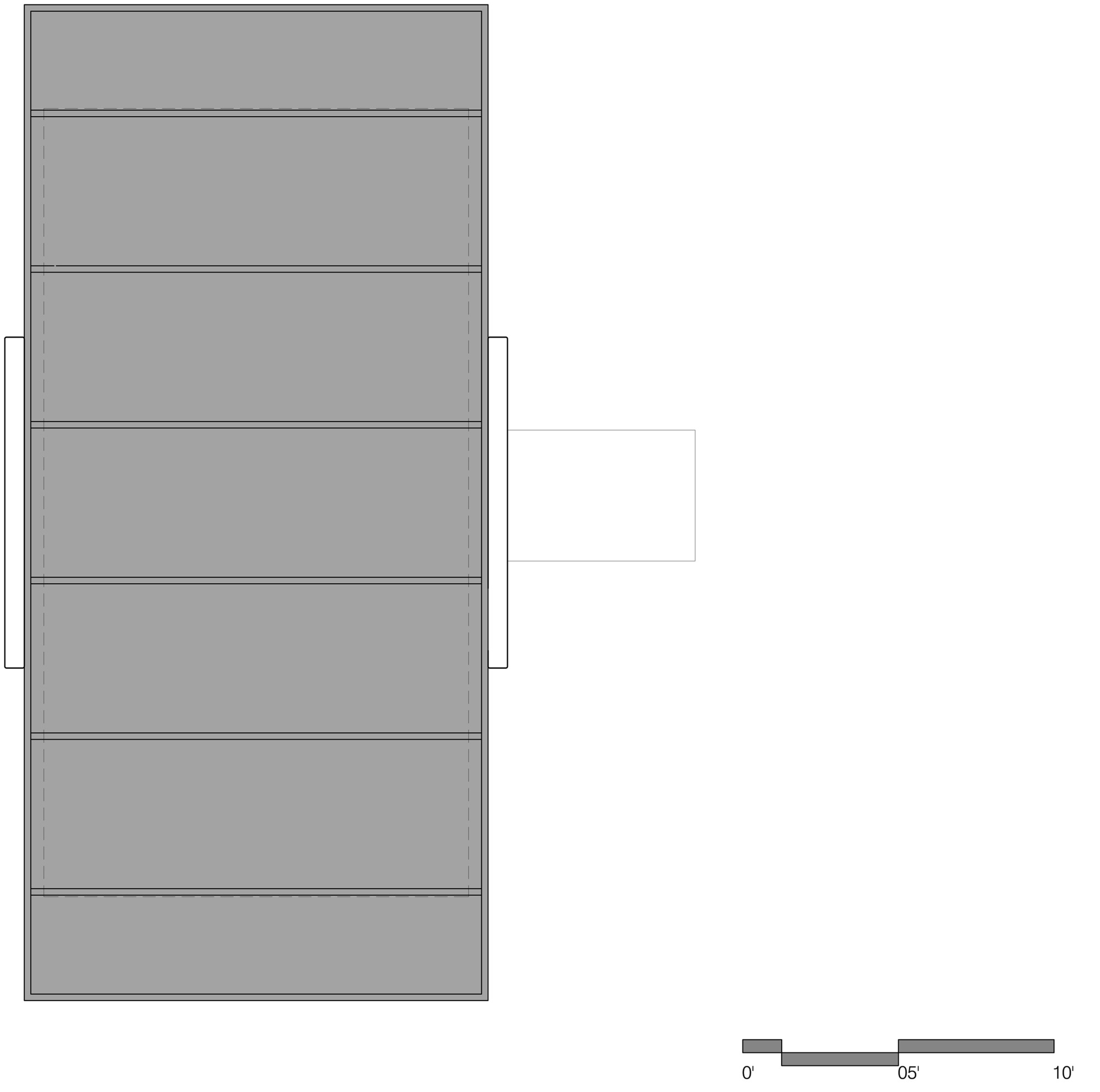 Roof plan drawing of a long rectangular cabin with evenly spaced horizontal panel joints and small projecting elements on both long sides