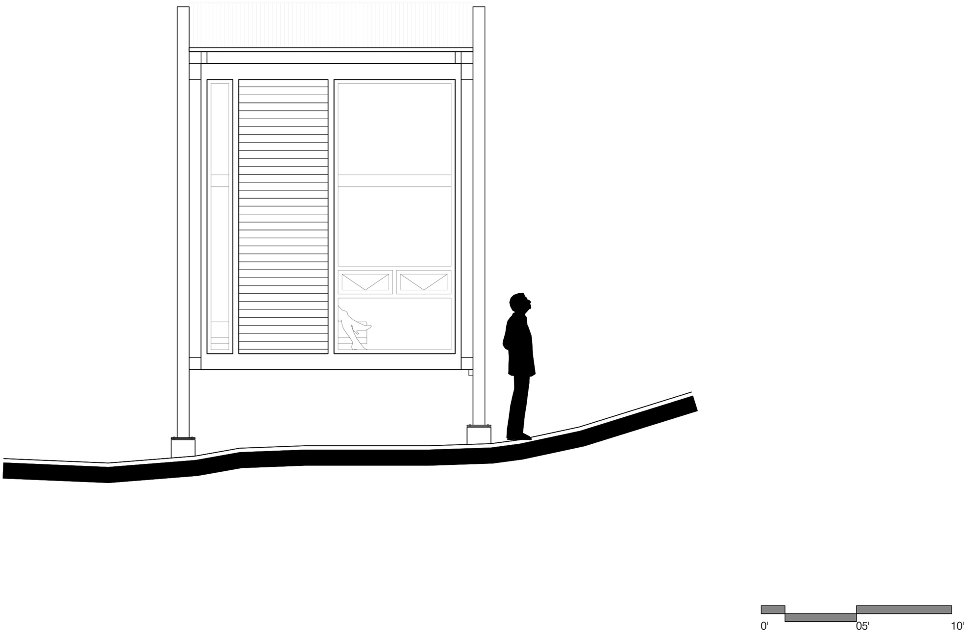 Elevation drawing of the cabin's narrow end on stilts, with louvered and glazed panels and a figure looking up from the slope