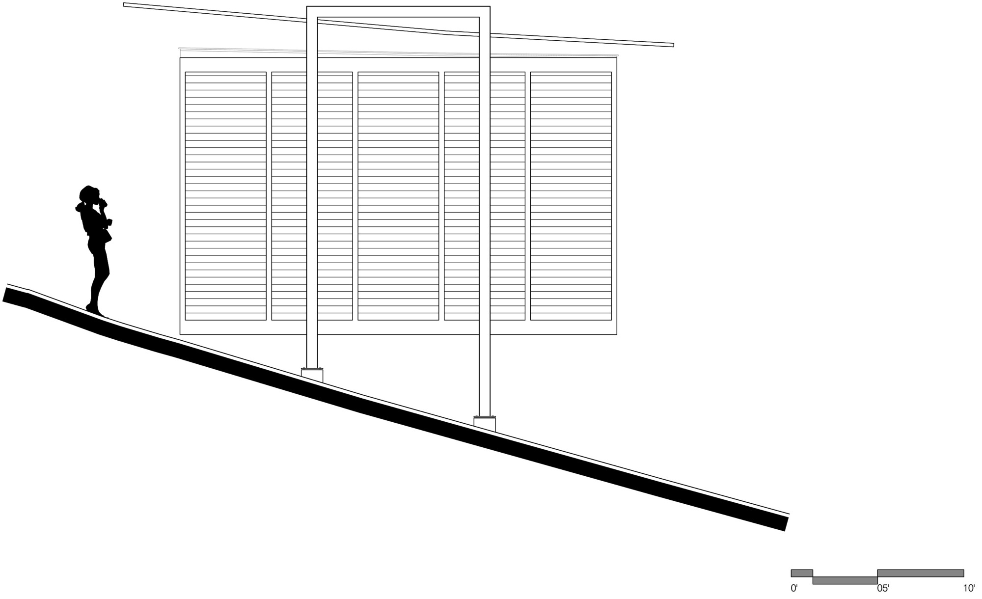 Side elevation drawing of the louvered cabin wall on posts above a steep slope, with a tilted roof plane and a standing figure