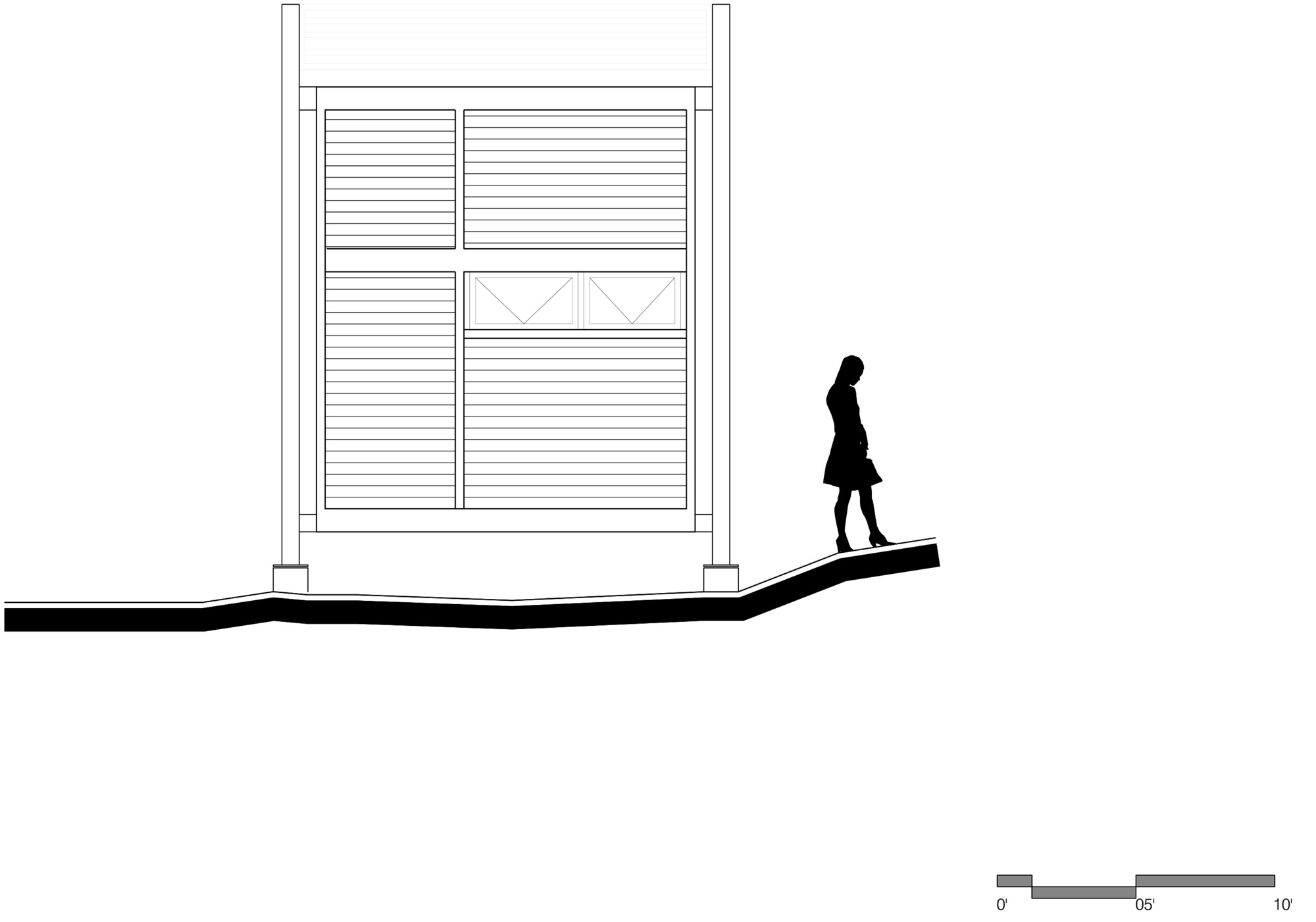 End elevation drawing of the louvered cabin face on footings, with a figure in a skirt walking down the uneven ground