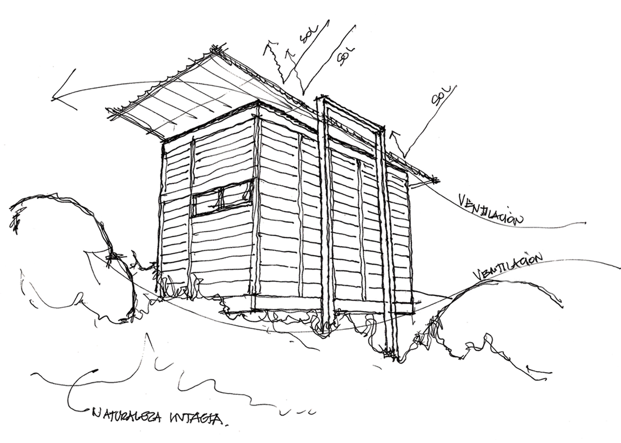 Hand sketch of a small timber cabin on a slope with a sloped roof, annotated arrows for sun and ventilation among shrubs