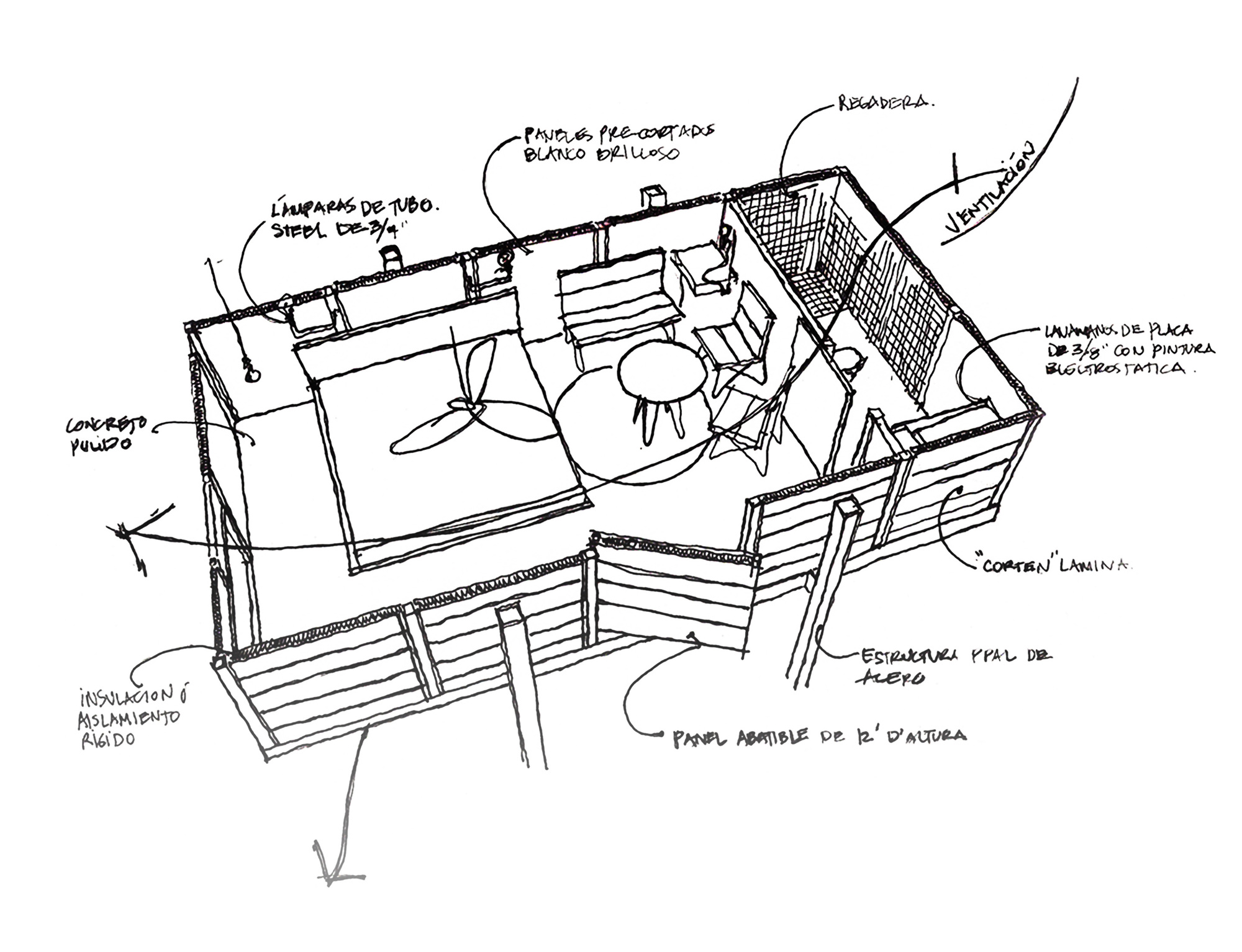 Hand-drawn axonometric sketch of a small raised cabin with bed, table and chairs, shower corner and annotated steel, concrete and weathering-steel panel materia