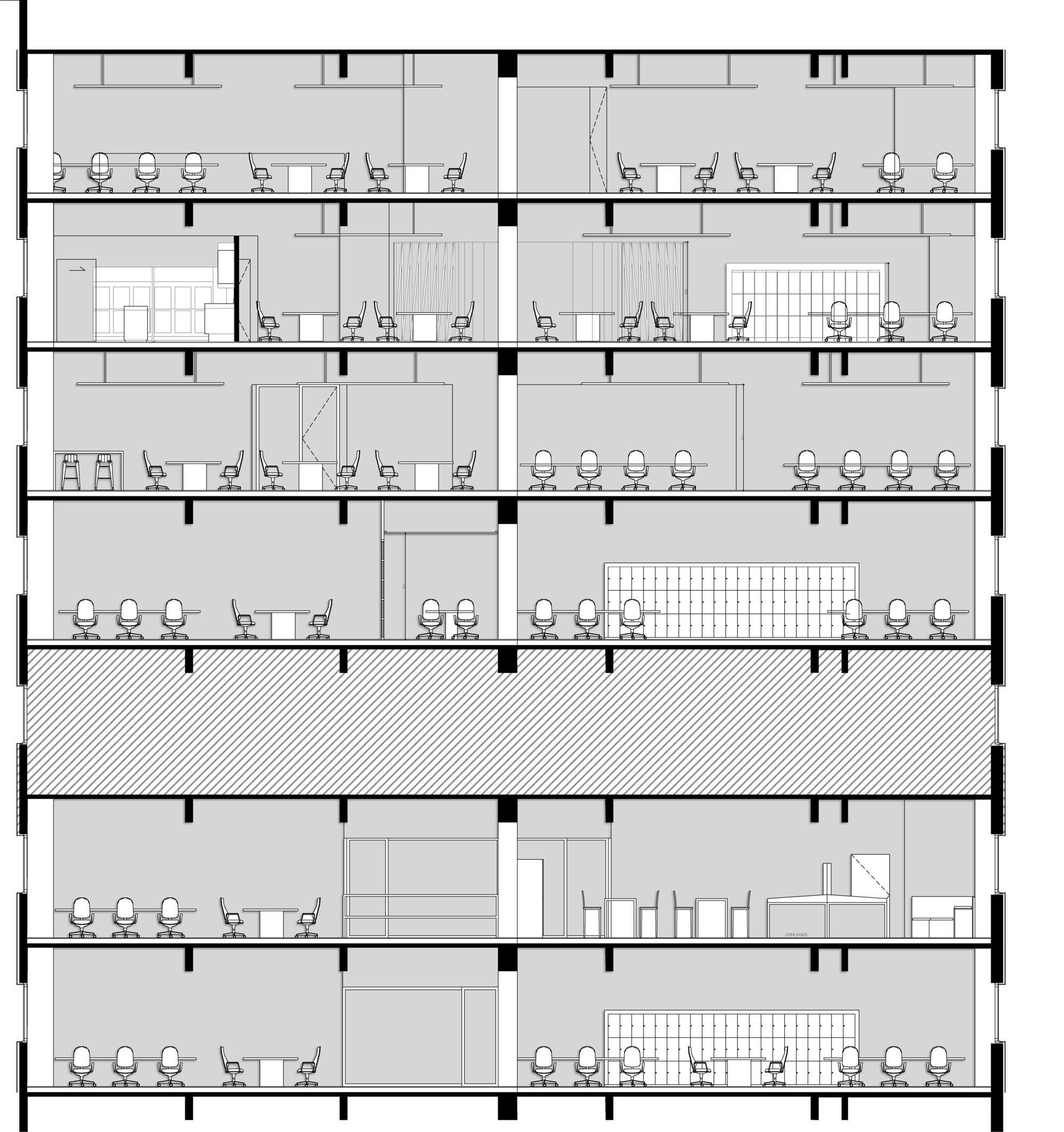 Section drawing of a multistorey office block with desks on each floor and one hatched floor band