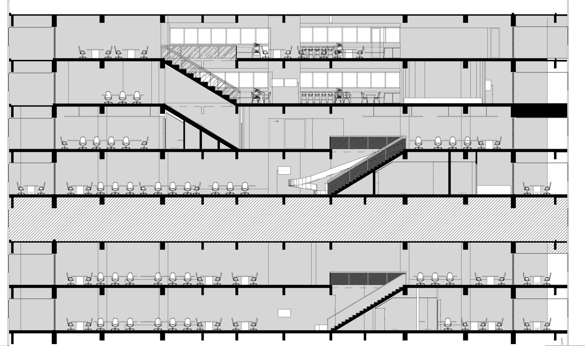 Long section drawing showing office floors linked by diagonal staircases, with a hatched floor band across the middle