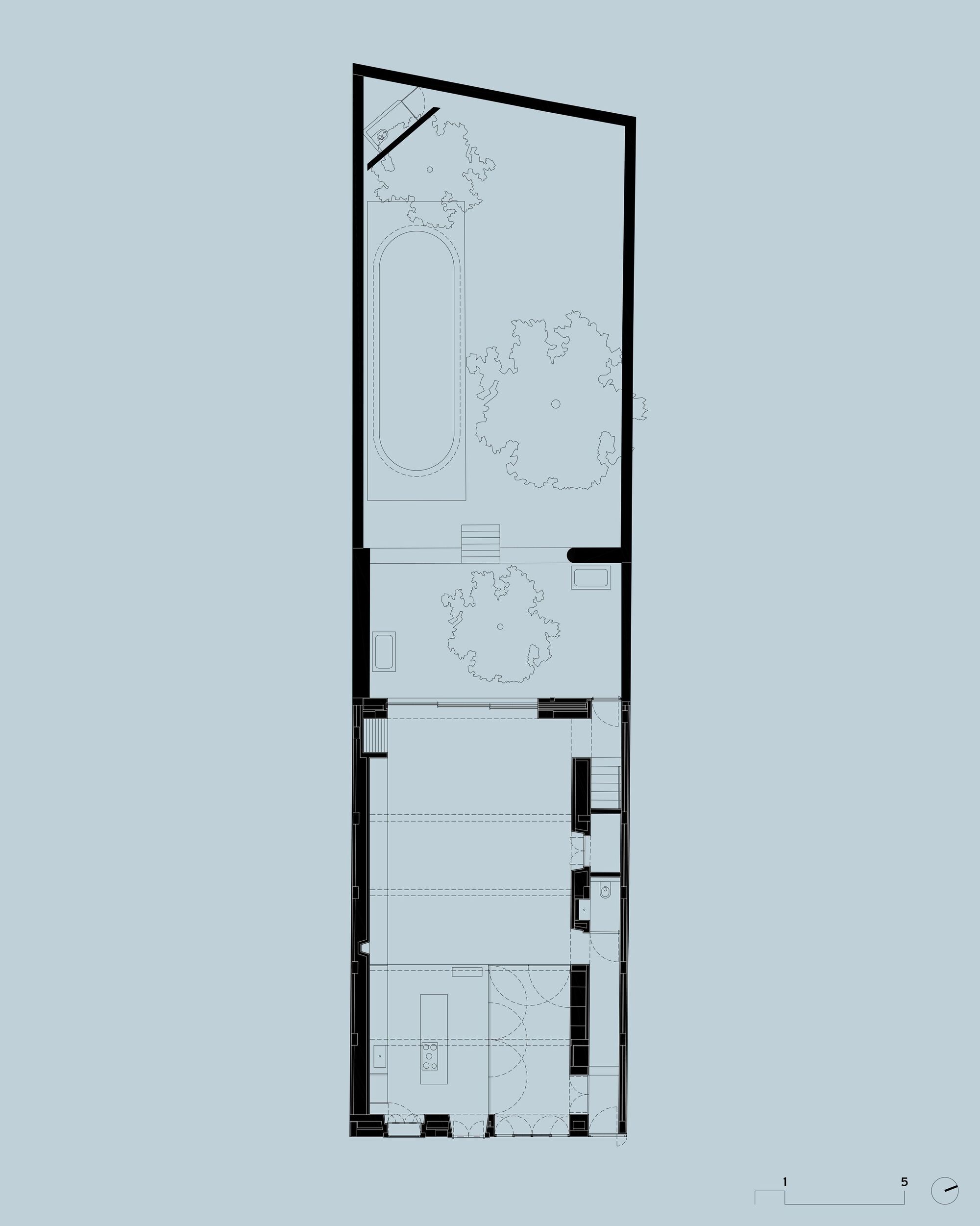 Ground floor plan drawing of a long narrow plot with a house at the base, a courtyard and a garden with an oval pool