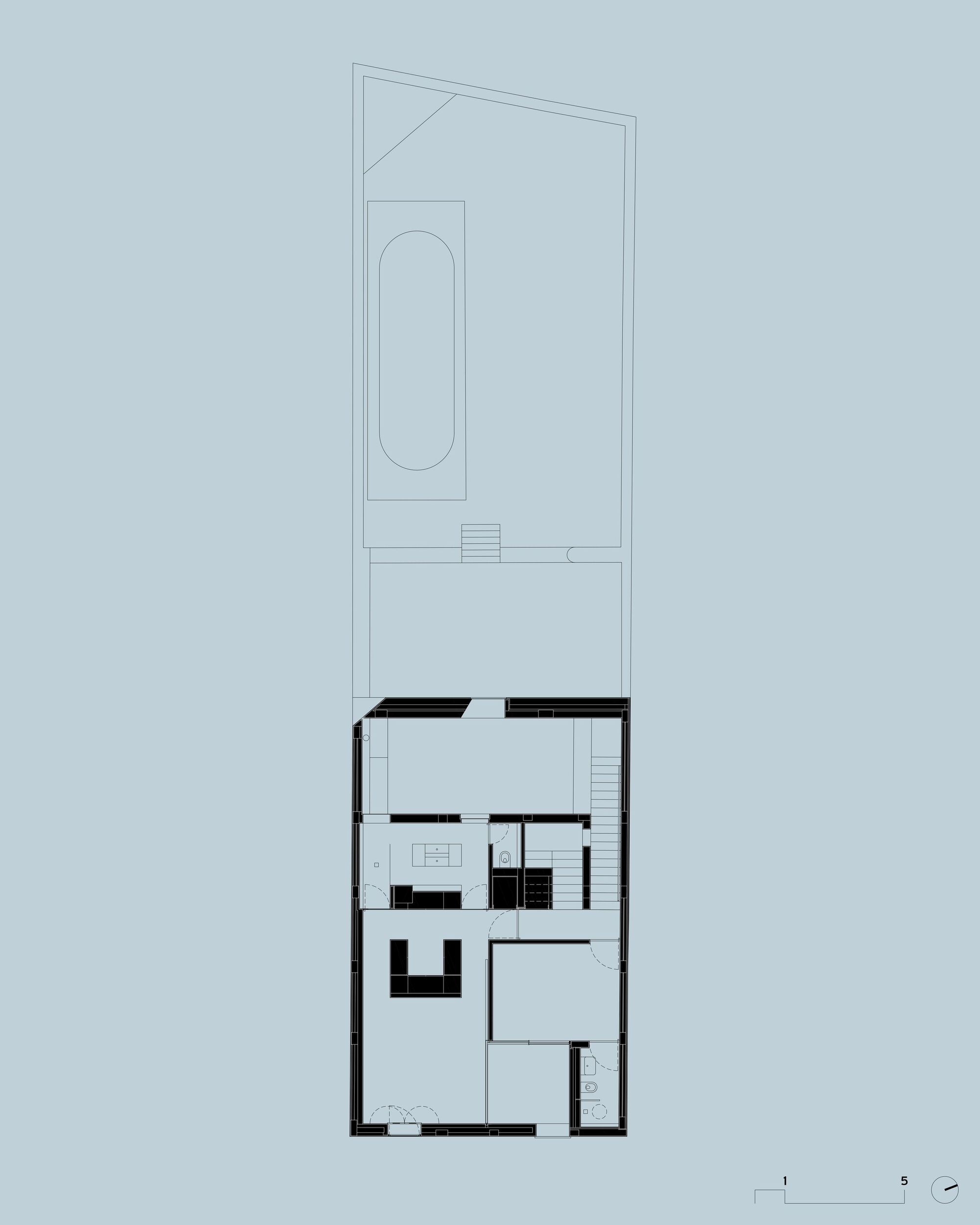 First floor plan drawing showing kitchen, stair, bathrooms and bedrooms inside the compact house volume, with the garden outlined above