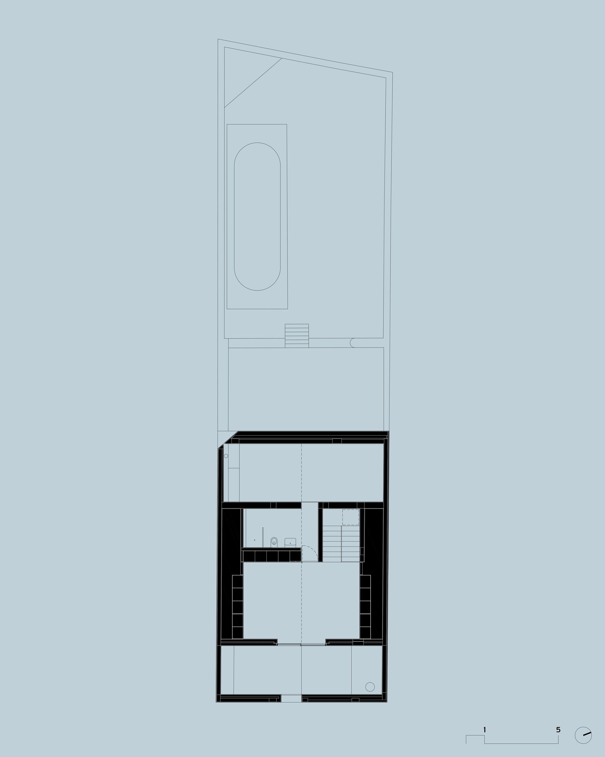 Second floor plan drawing showing a bathroom, stair, built-in storage walls and a front terrace within the narrow house footprint