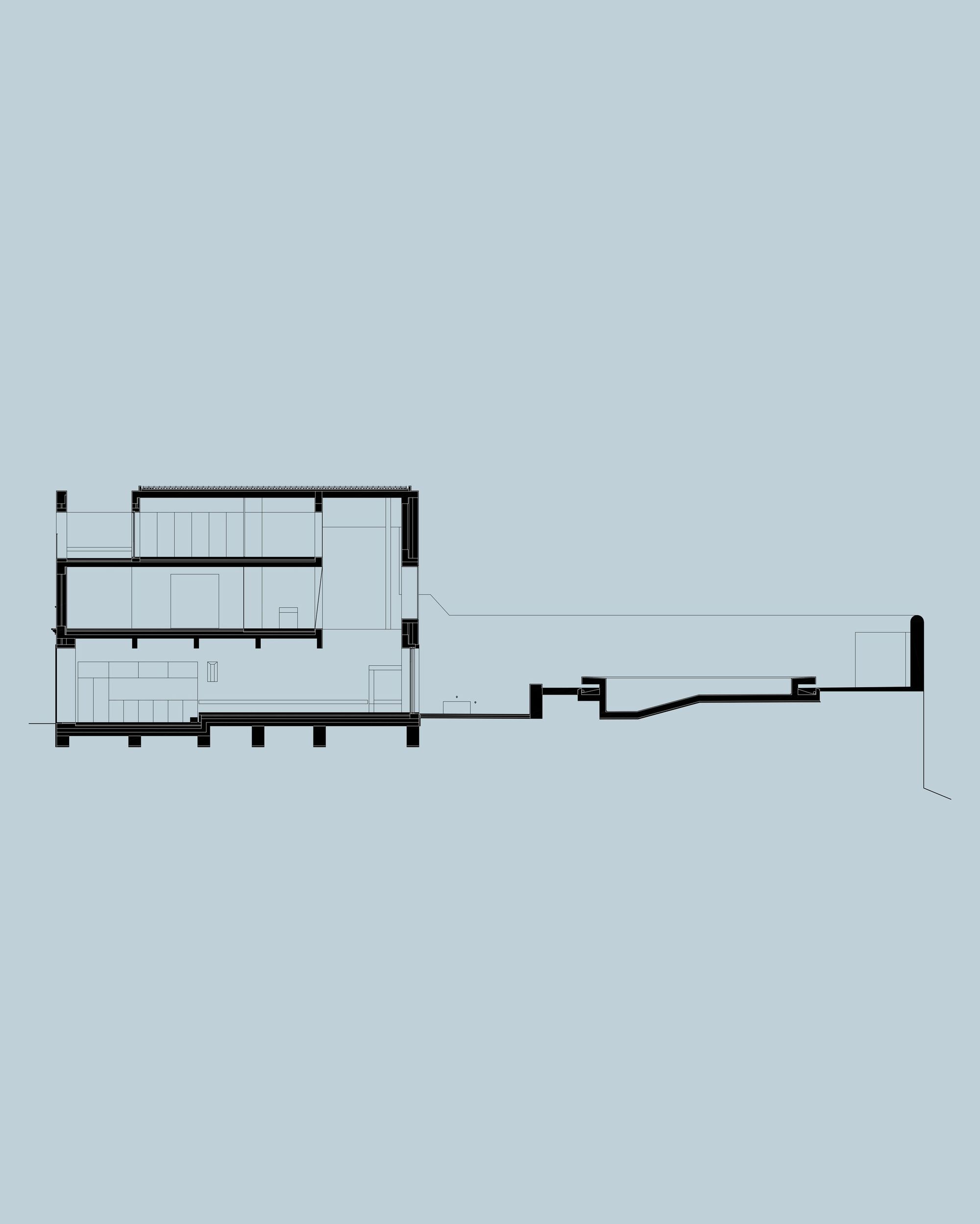 Long section drawing of a three-storey house on a slab with piers, stepping down through a courtyard to a sunken rear garden