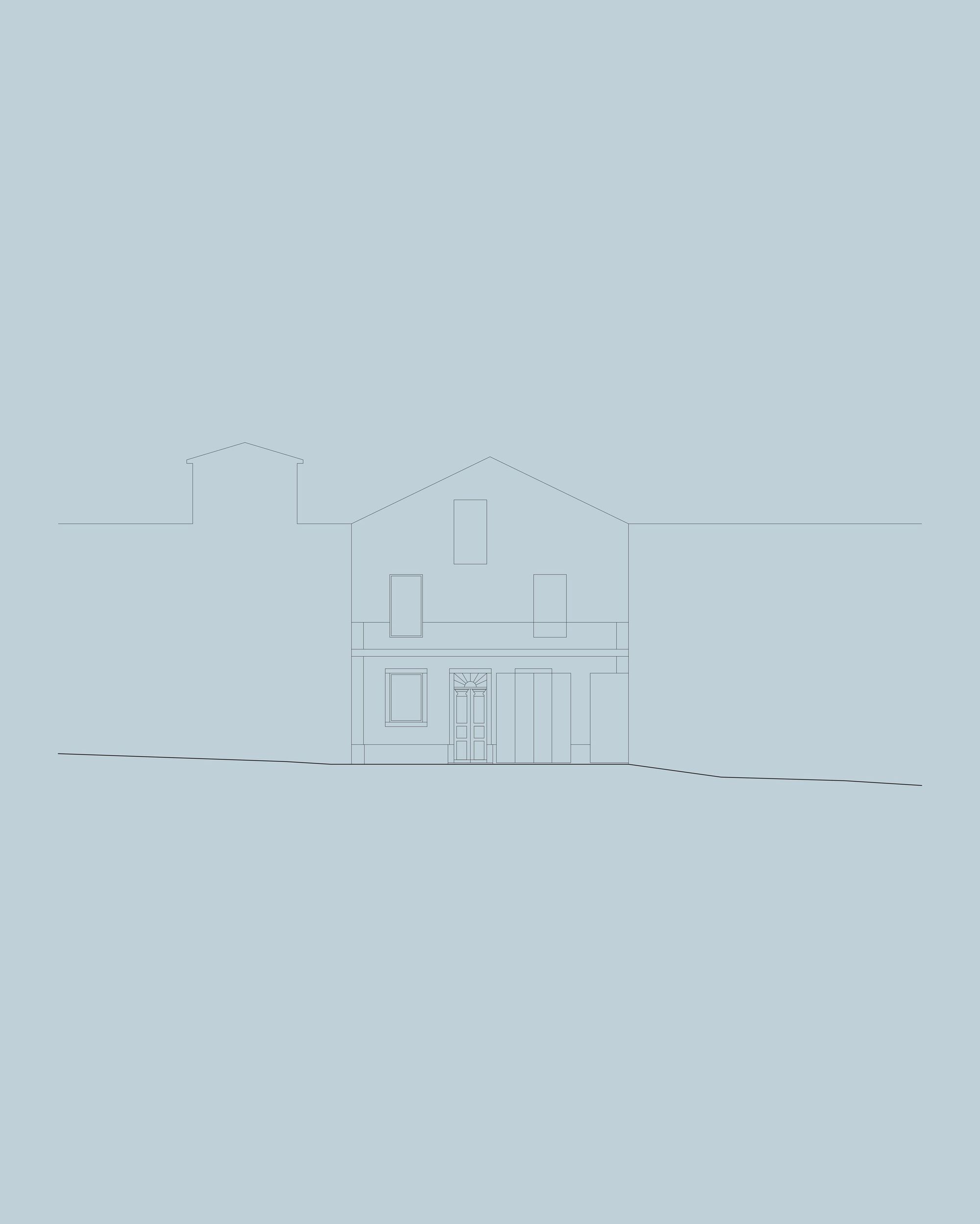 Elevation drawing of a gabled house front with a arched-transom door, two upper windows and a wide garage opening on sloping ground