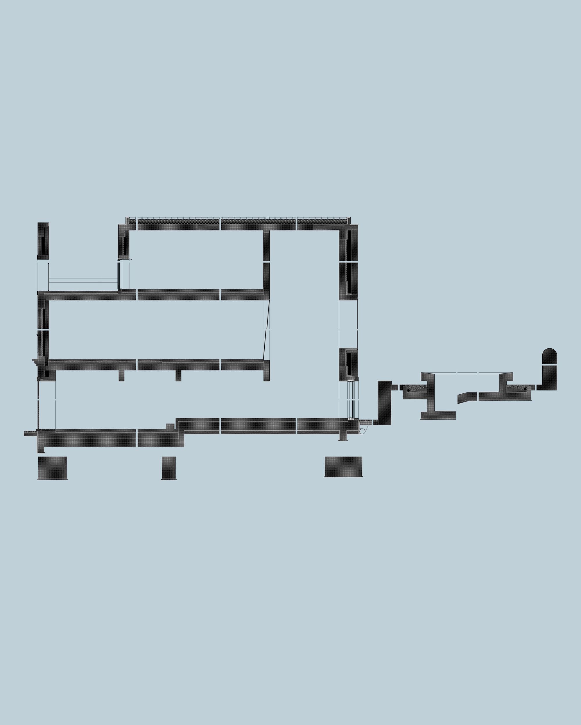 Section drawing of a three-storey volume with thick floor slabs and a flat roof, plus separate detail cuts at right