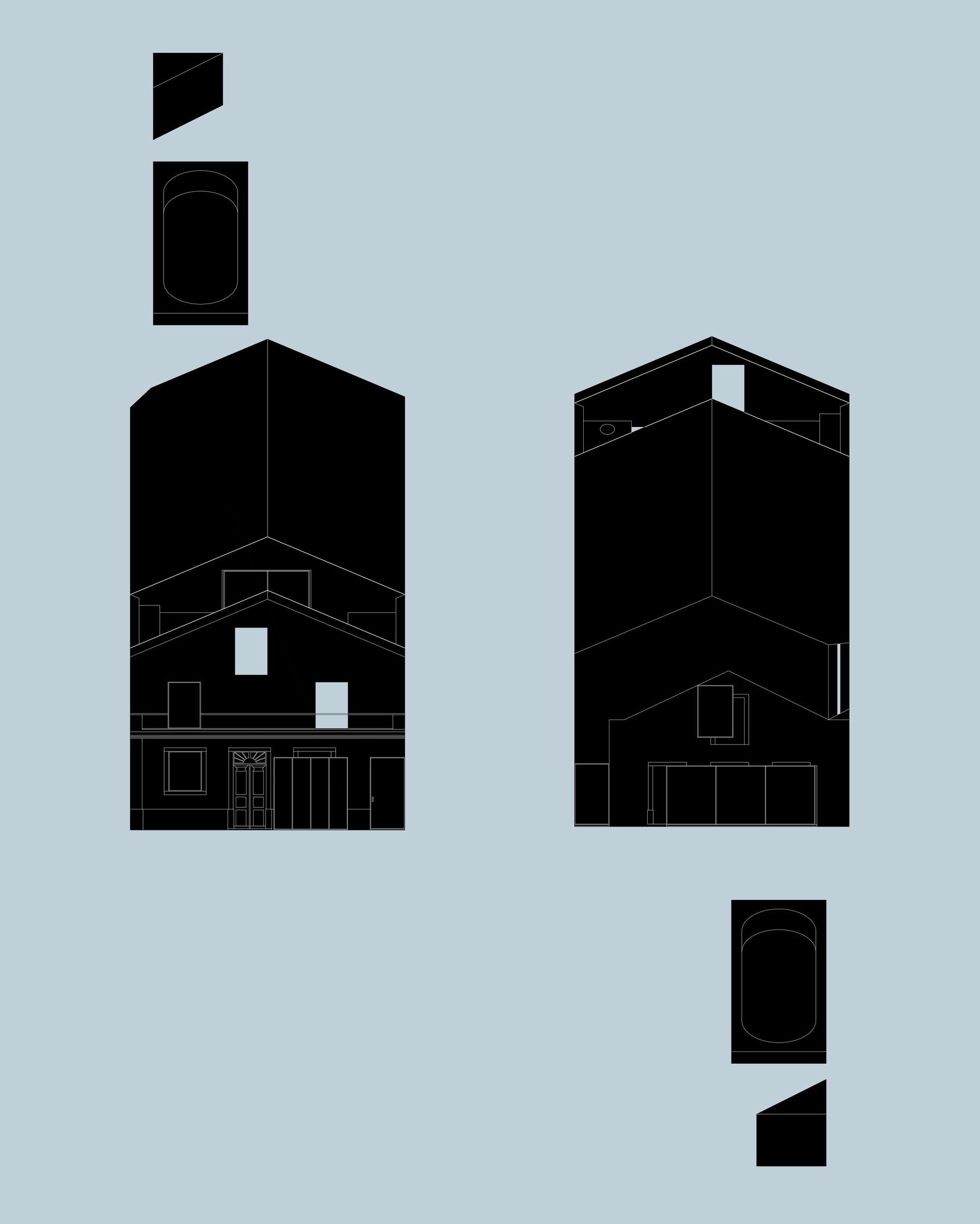Paired elevation drawings in solid black showing front and rear gabled facades stepping up in layers, with small car-shaped plan blocks nearby