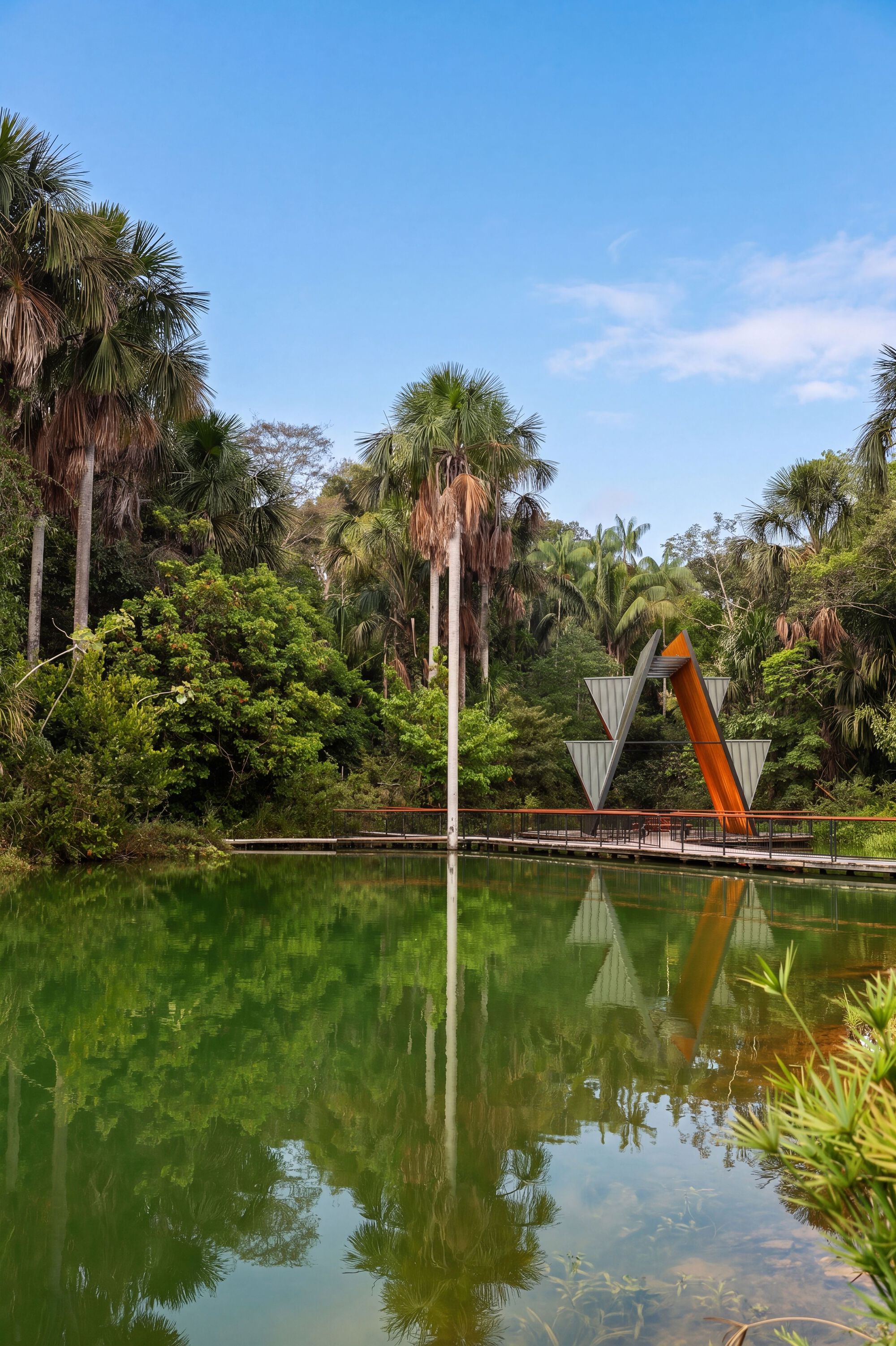 Distant view of the triangular pavilion across a still green pond, with tall palms under a clear blue sky