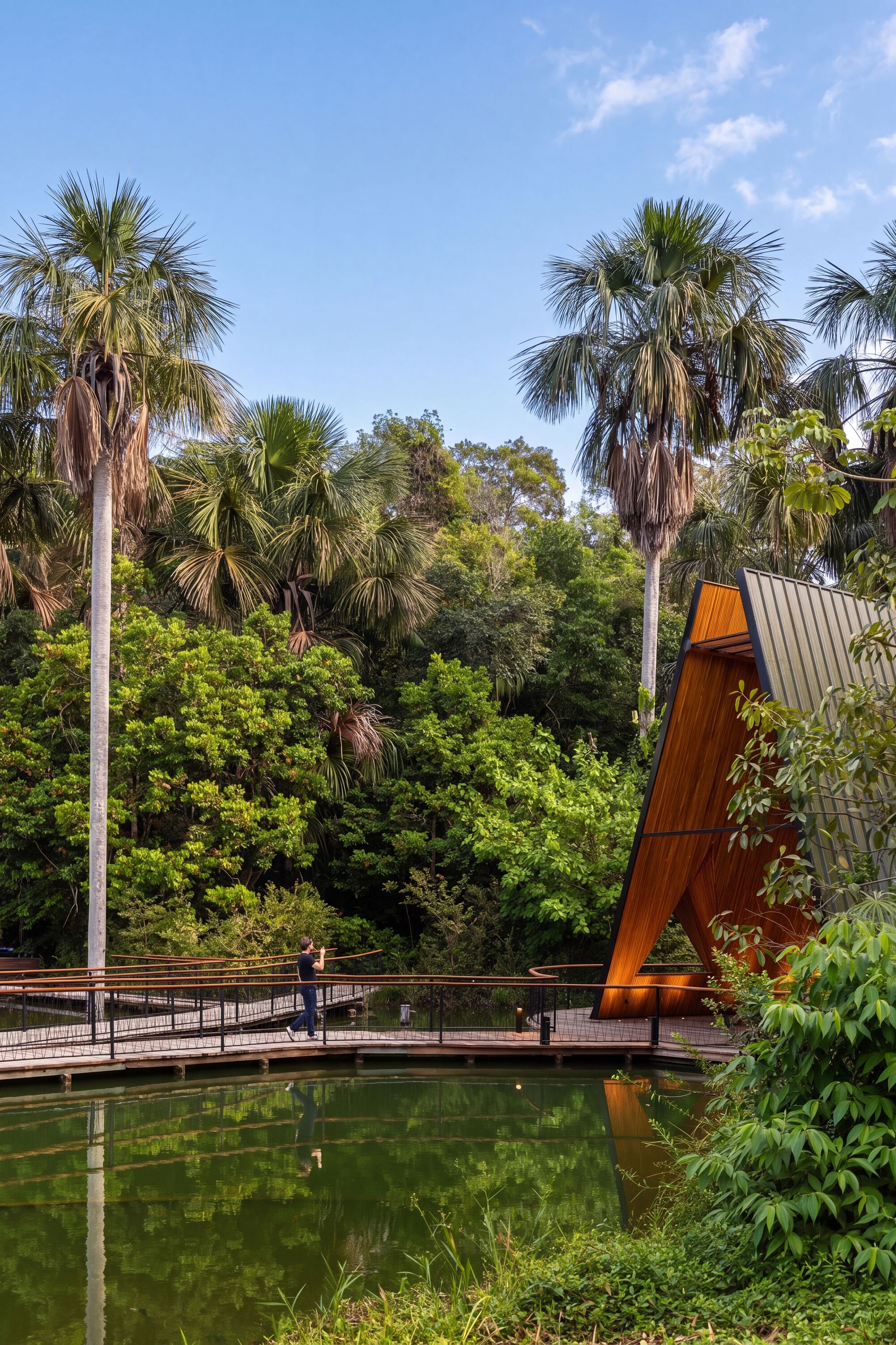 Visitor walking along the railed boardwalk beside the timber-lined pavilion, with palms rising overhead in afternoon light