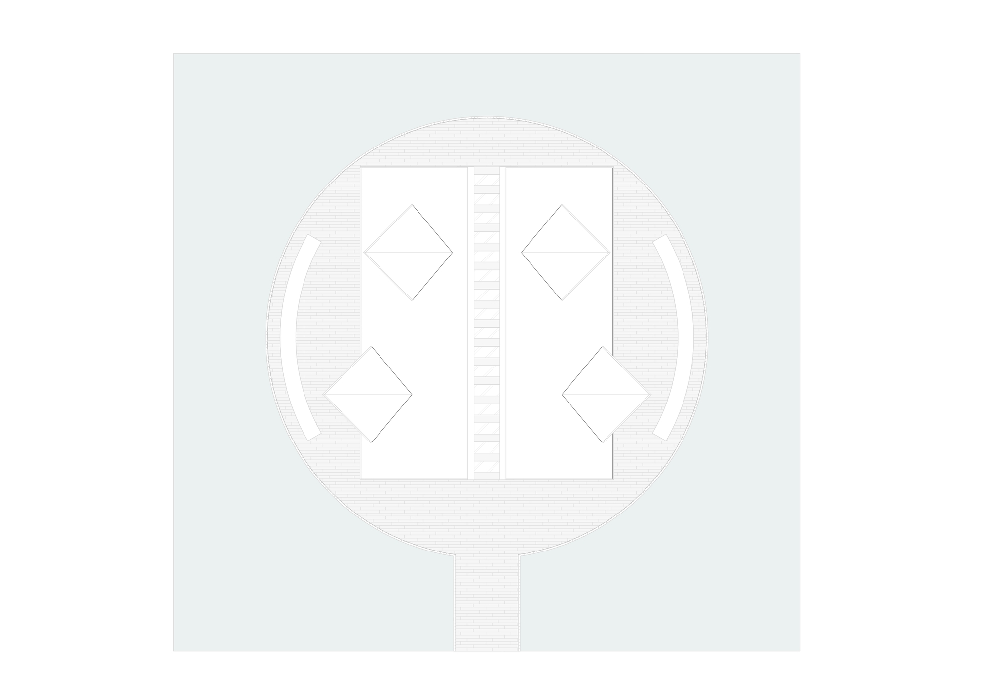 Roof plan drawing of a circular deck with two rectangular roof volumes, four diamond skylights and a central strip