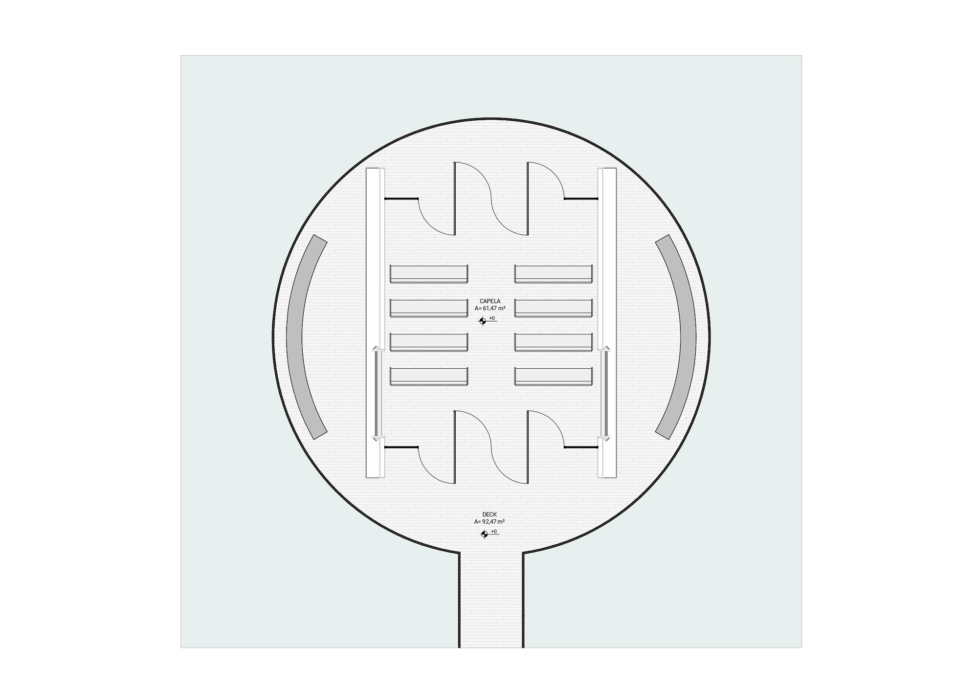 Floor plan drawing of a circular deck with a chapel of paired pews, curved doors and side benches