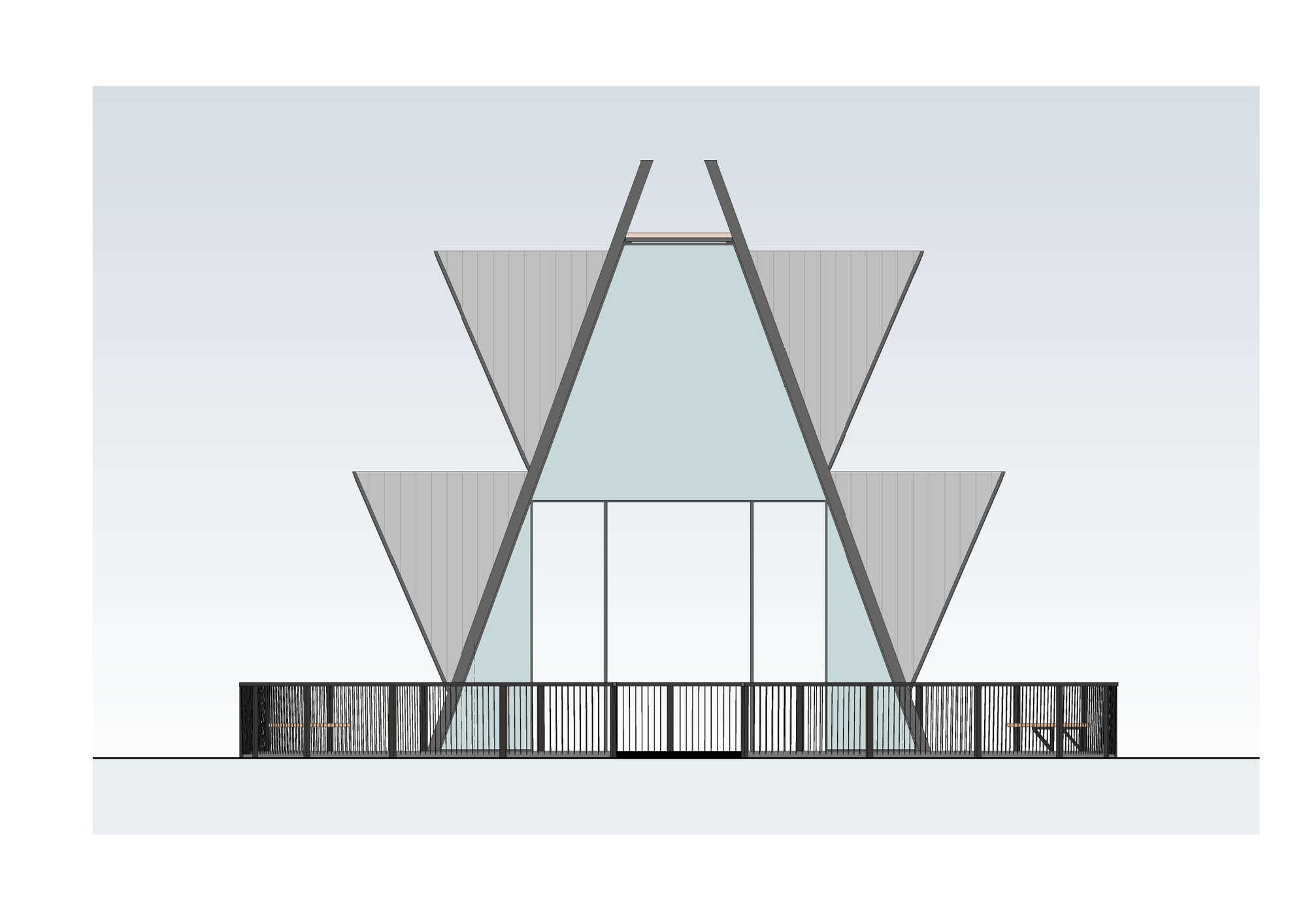 Front elevation drawing of the A-frame structure with inverted triangular roof planes, glazed gable and a slatted fence around the base