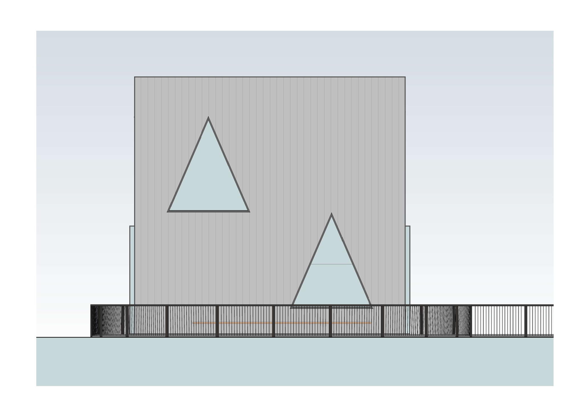 Side elevation drawing of a clad box wall with two triangular windows set at different heights above a slatted fence