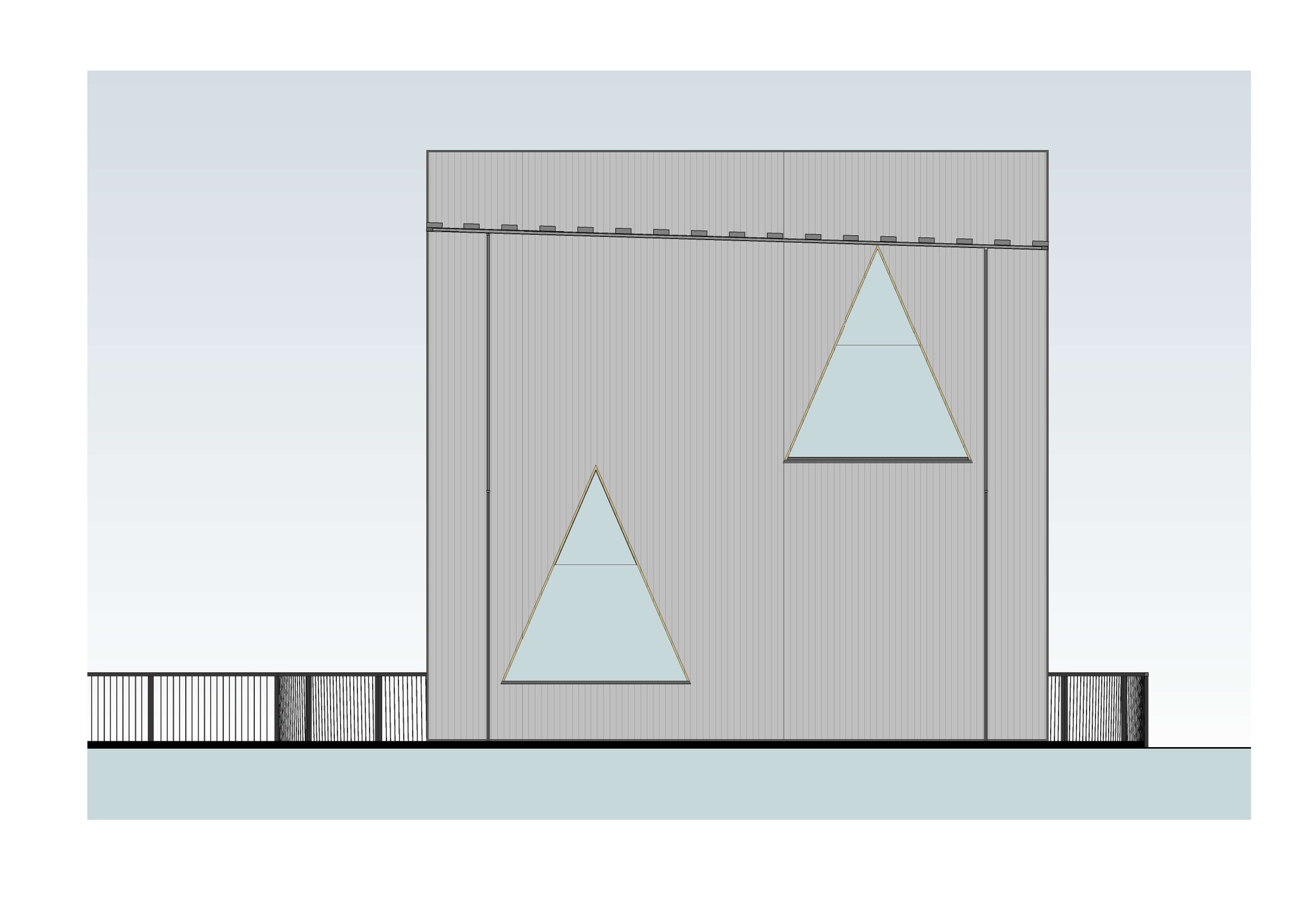 Opposite side elevation drawing of the vertical-clad wall with two triangular windows and a sloped roofline above the fence