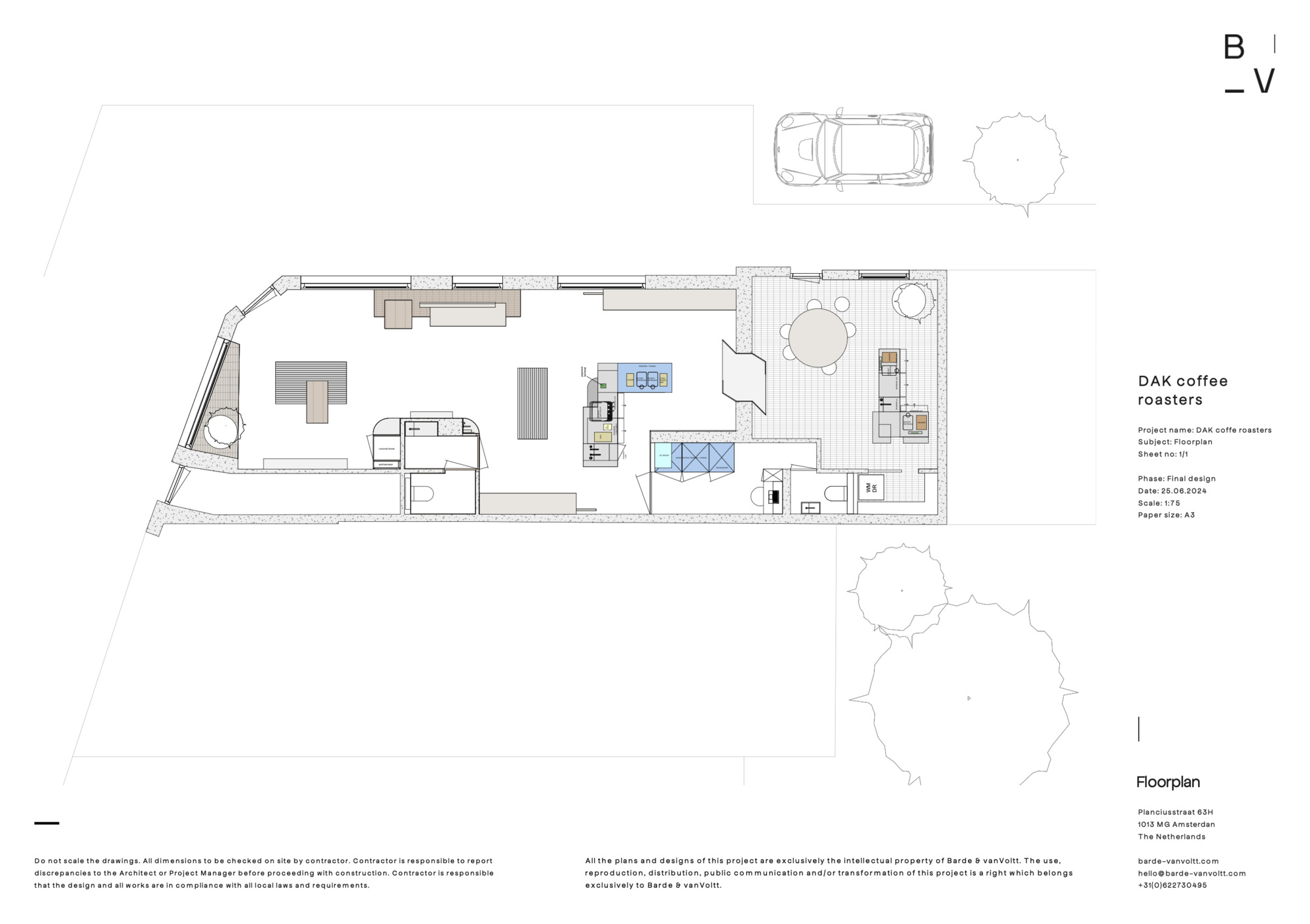 Floor plan drawing of a long narrow shop and roastery with a seating room at one end, a parked car and trees outside