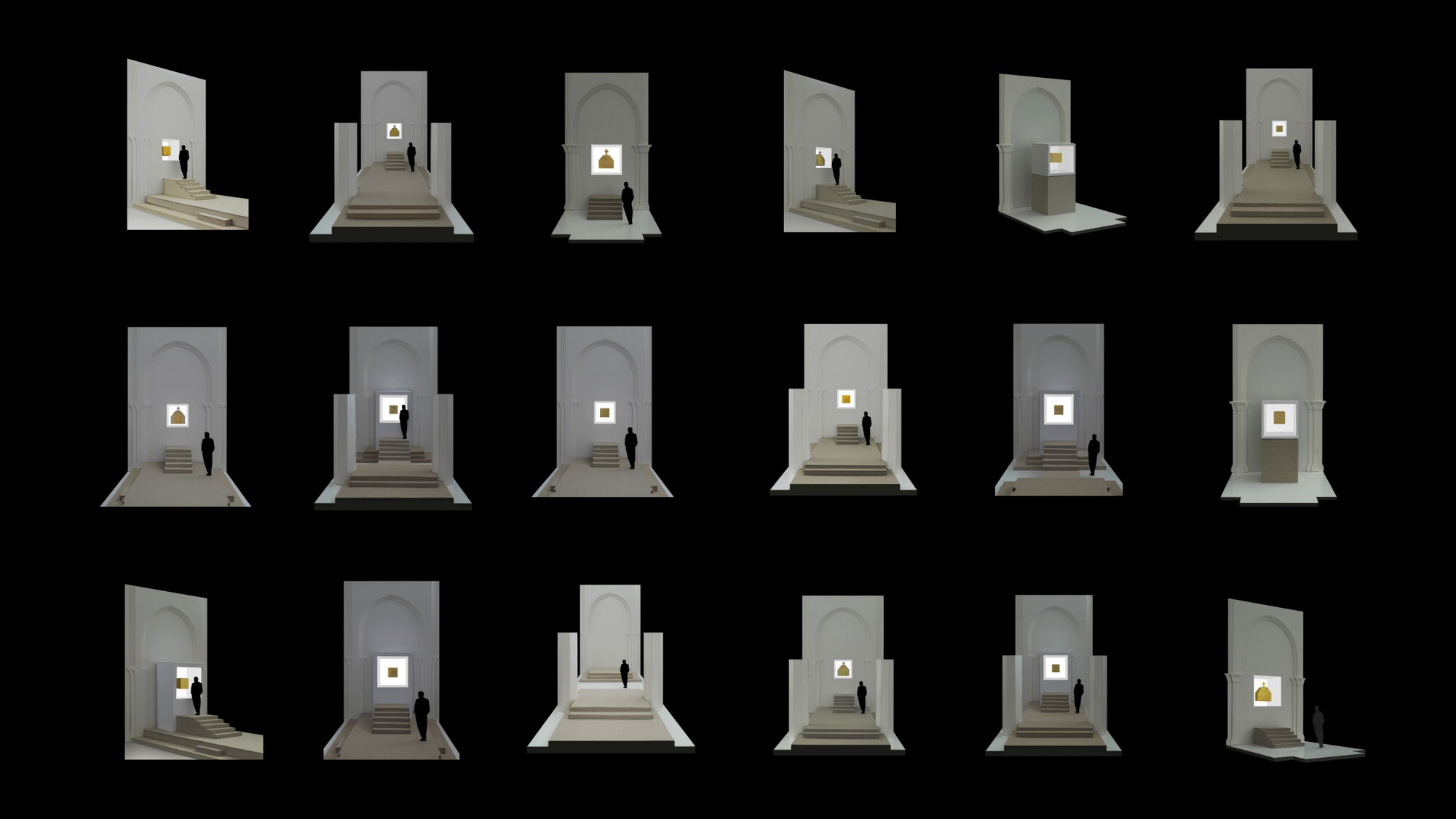 Grid of eighteen study model views of a narrow arched niche with steps and a glowing gold square, each with a standing figure