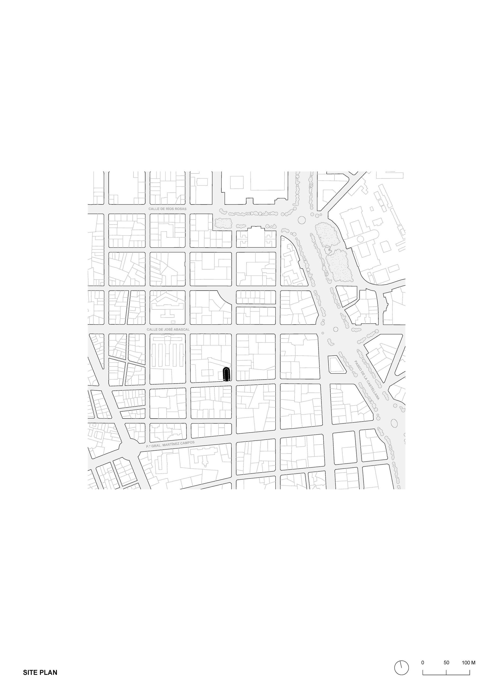 Site plan drawing of a dense street grid with one small black arched footprint marking the church at block center