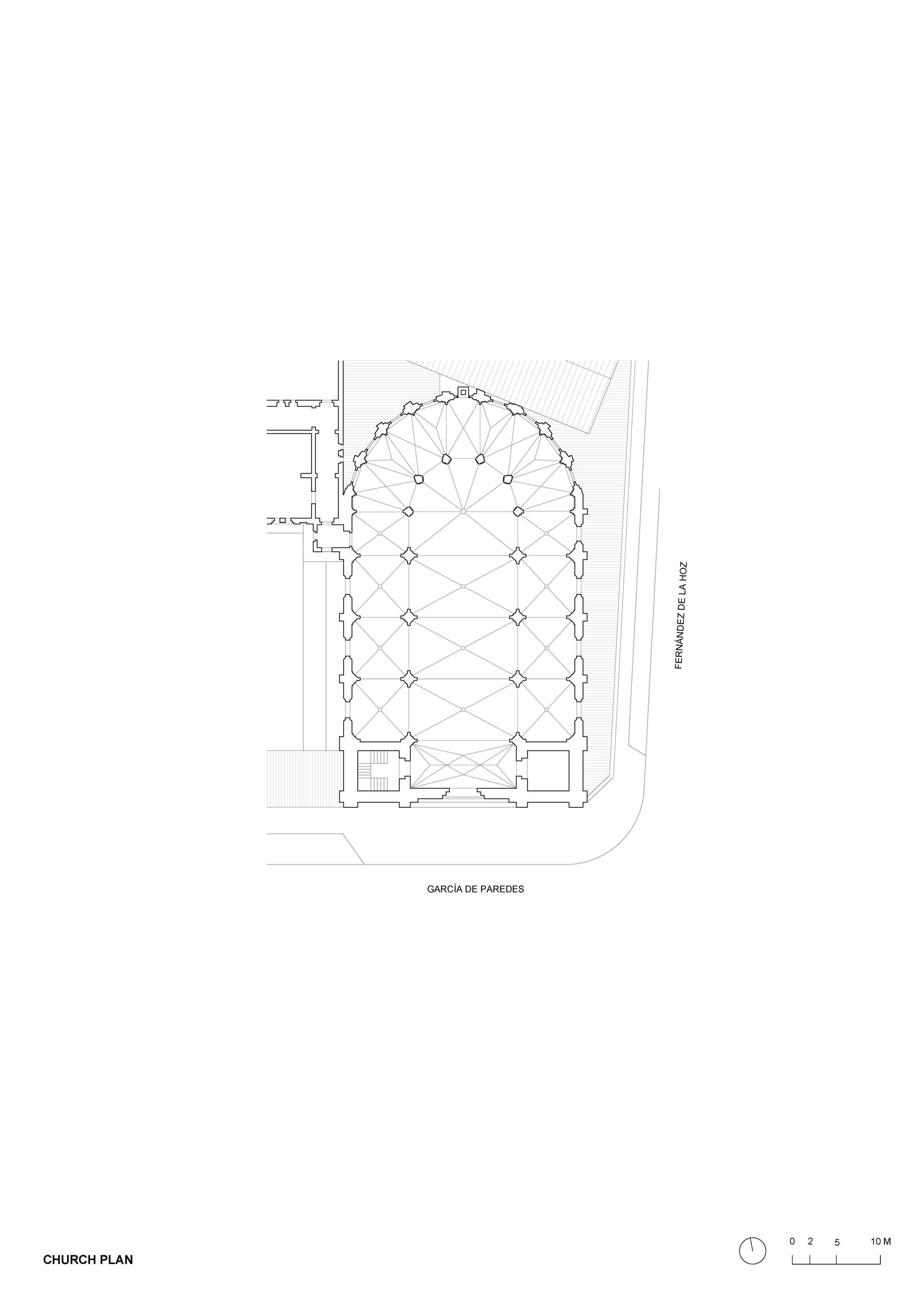 Church plan drawing showing the rib vault pattern, apse, column positions and entrance towers beside two bounding streets
