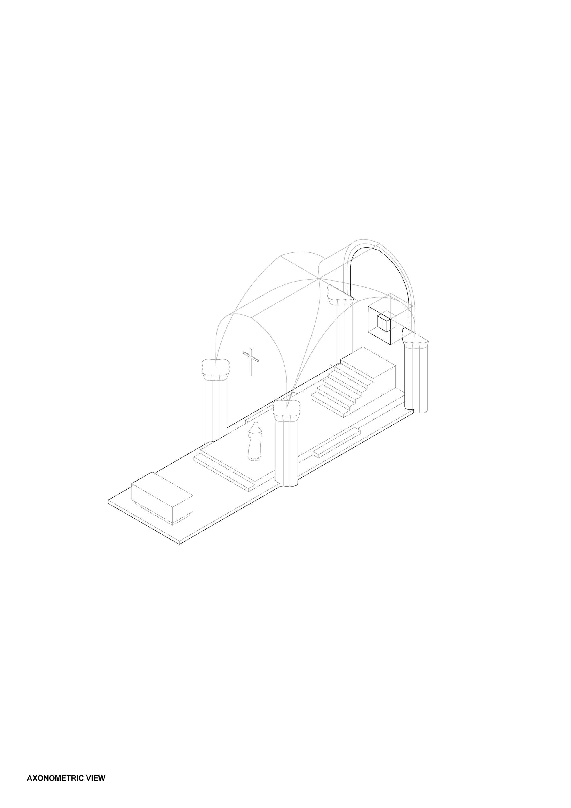Axonometric drawing of a vaulted chapel fragment with columns, a cross on the wall, stepped platform and a framed square opening