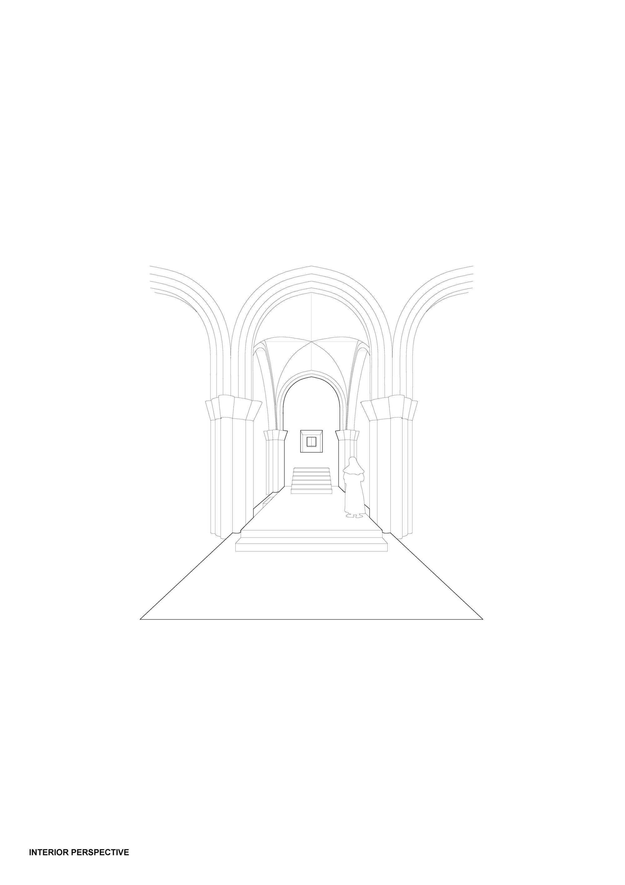 Interior perspective drawing down a vaulted aisle of pointed arches toward a small stair and a framed square, with a robed figure