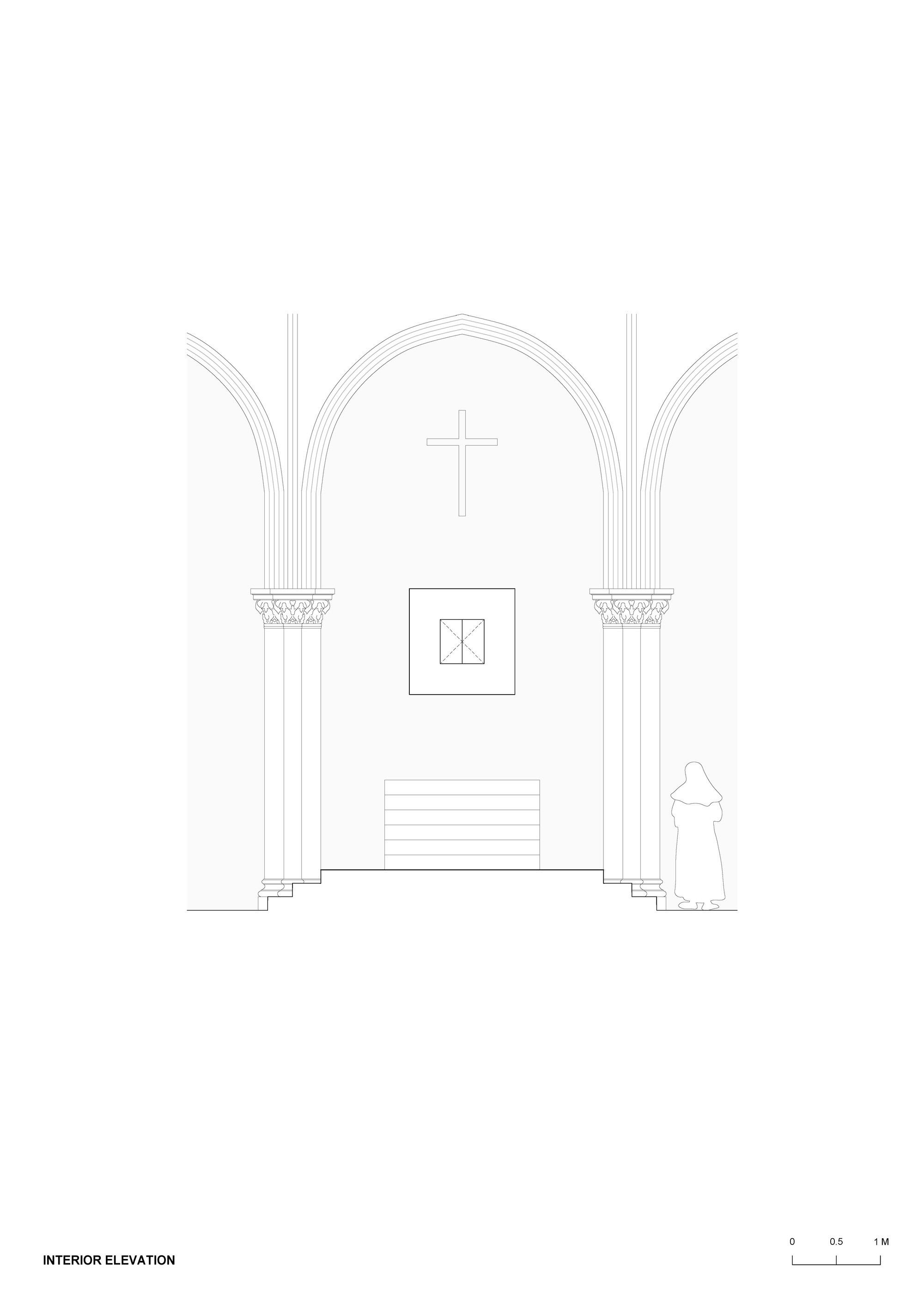 Interior elevation drawing of a pointed-arch chancel wall with a cross, a square glass box, stepped altar block and a standing nun figure