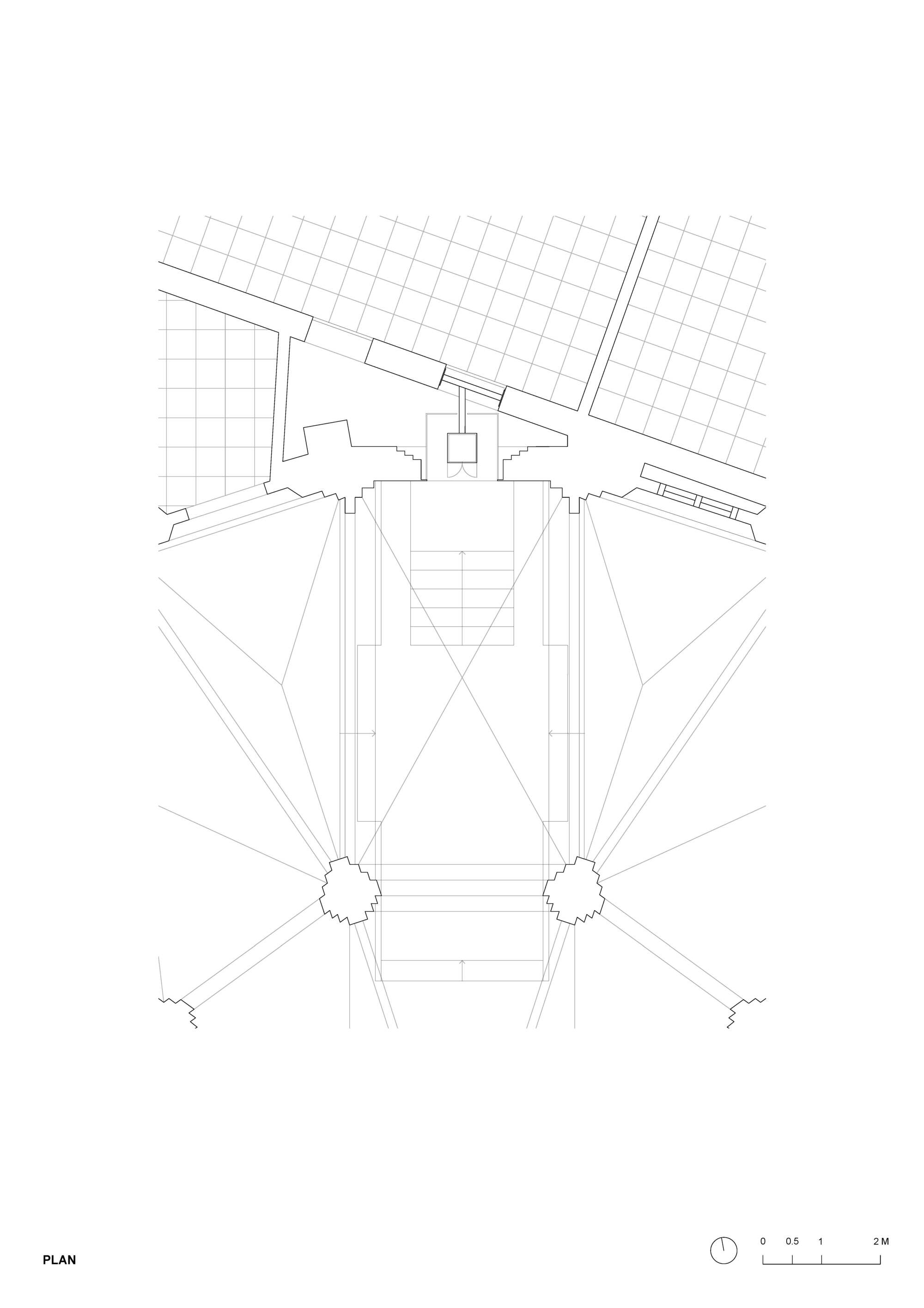 Plan drawing of the chancel showing ribbed vault lines, a central staircase, two clustered columns and a small box set into the adjoining wall grid