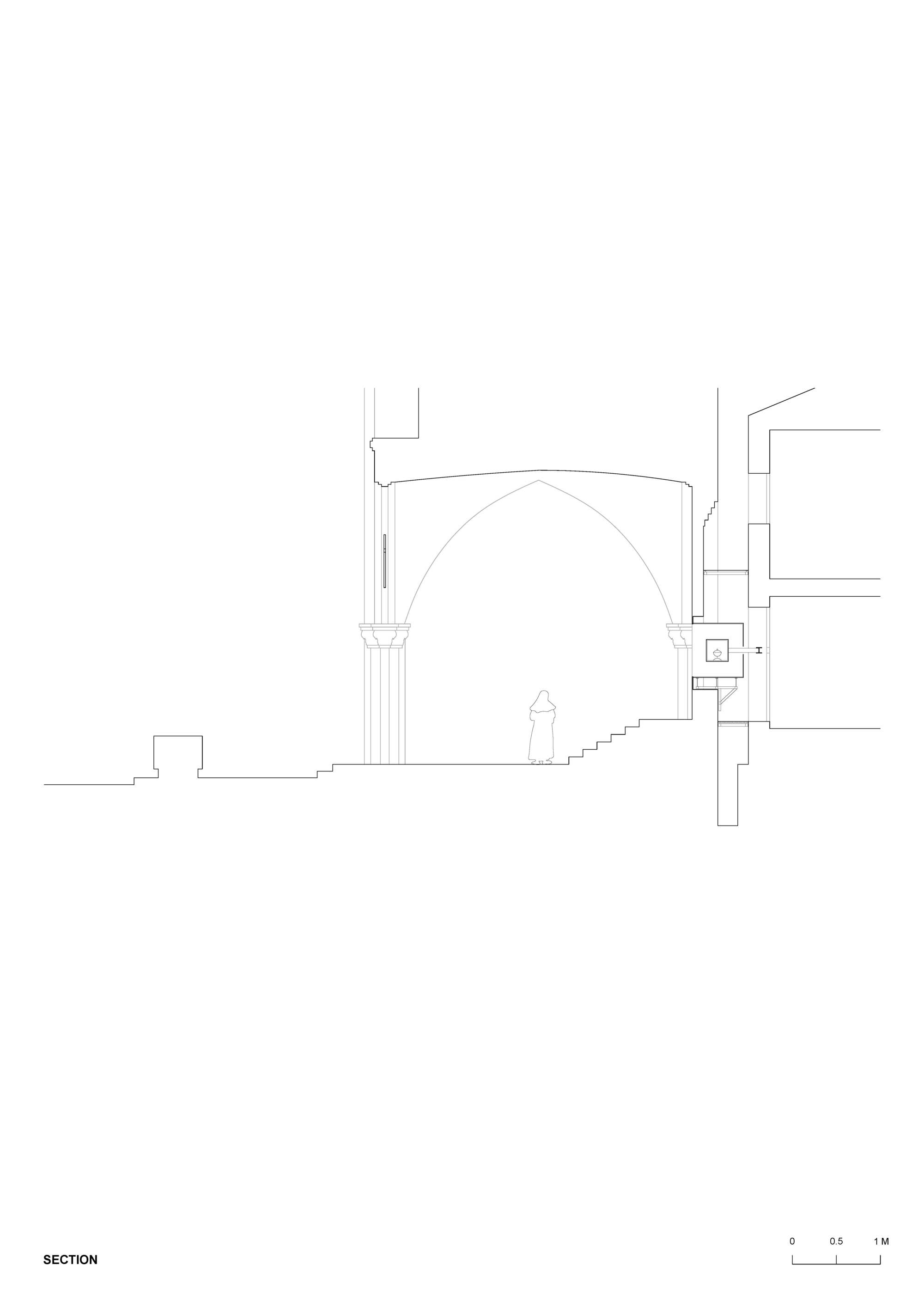 Section drawing cutting through a pointed vault, steps and a small box projecting into the neighbouring building, with a nun figure for scale
