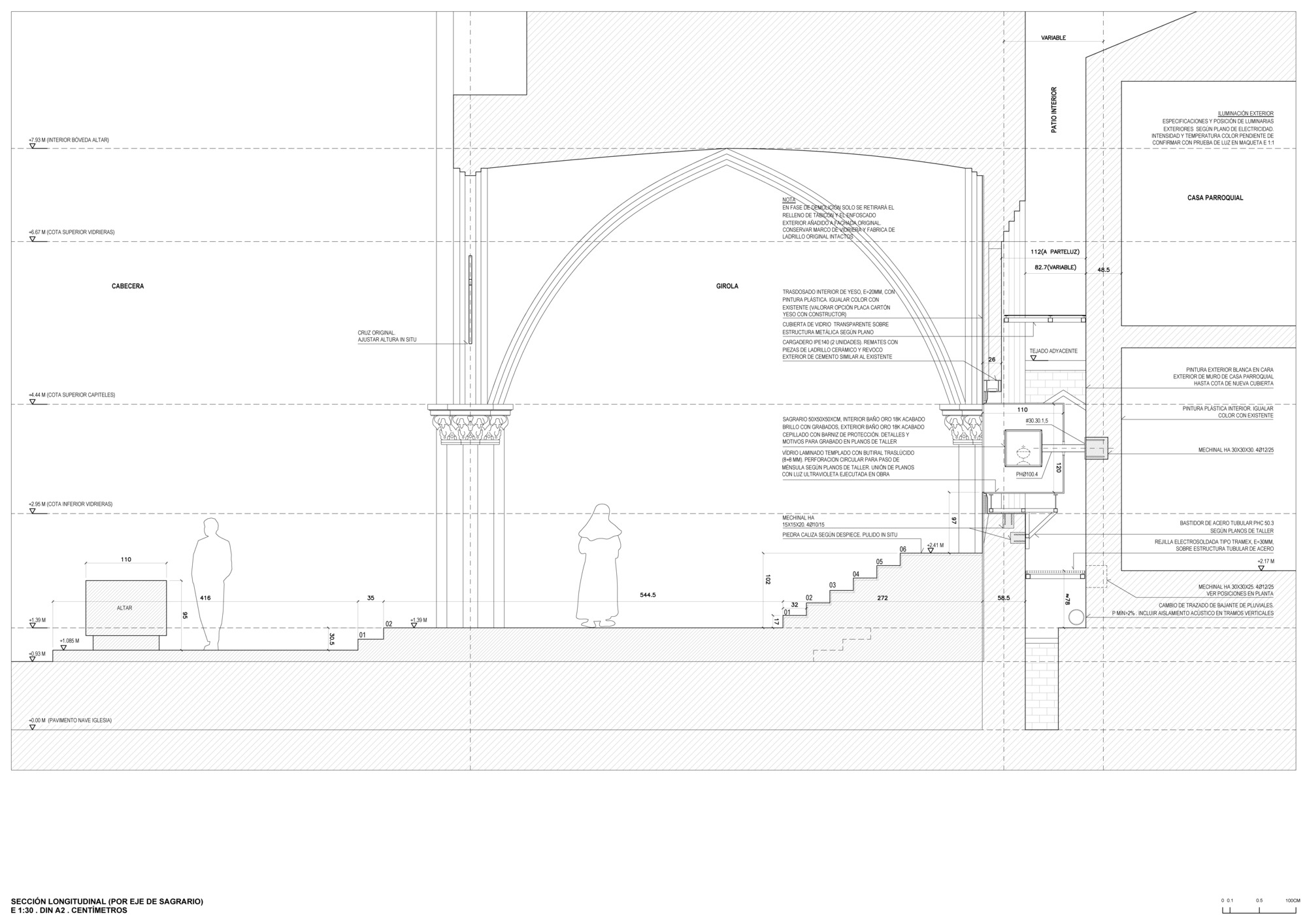 Annotated longitudinal section drawing at 1:30 showing the vaulted chancel, altar, steps, glass box and adjoining parish house with dimensions and material note