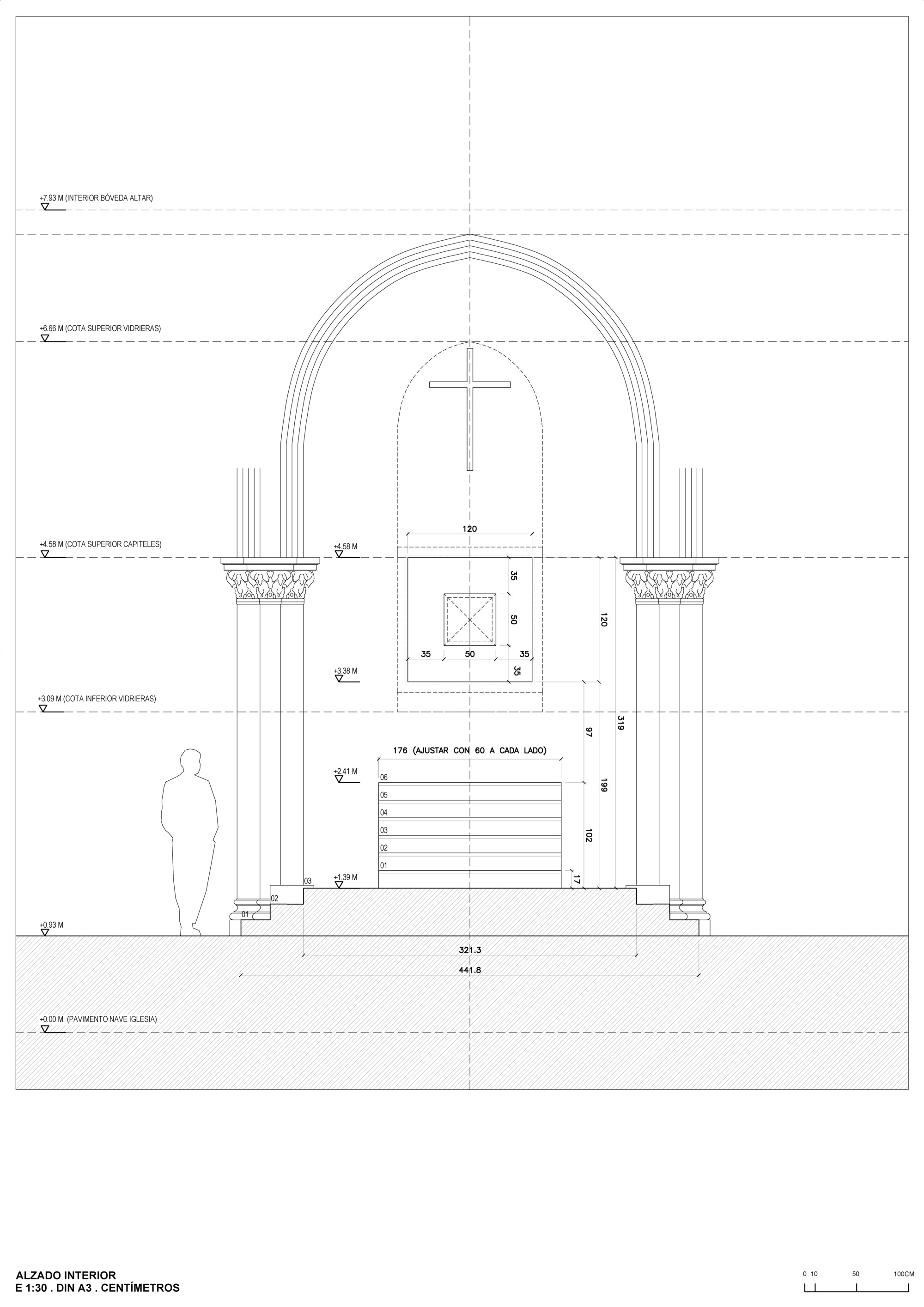 Dimensioned interior elevation drawing of the arched chancel with a cross, square glass cube, tiered altar steps and a standing human figure