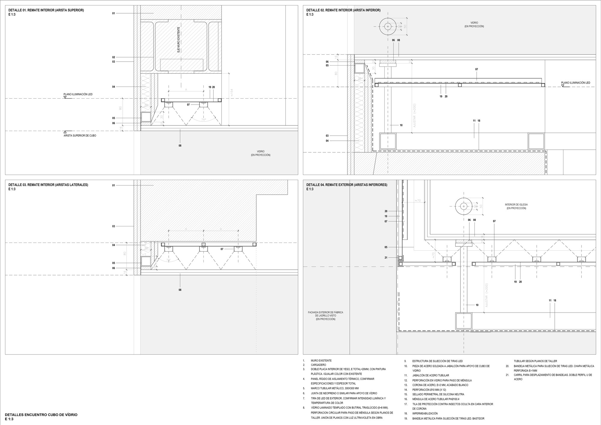 Sheet of four 1:3 detail drawings showing the edge joints of a glass cube, with callout numbers and a legend of components