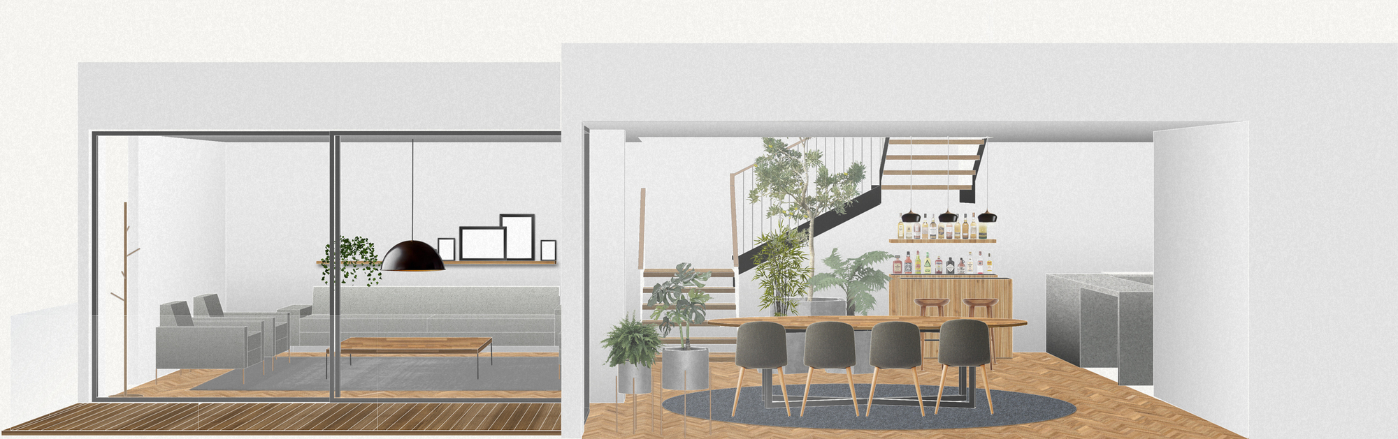 Elevation drawing in section style showing a living room behind glass and a dining area with a stair, plants and bar shelving