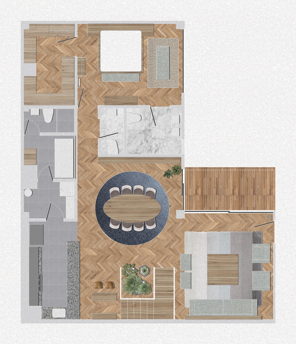 Floor plan drawing of the lower apartment level with herringbone floors, an oval dining table on a round rug, bedroom, bath and kitchen