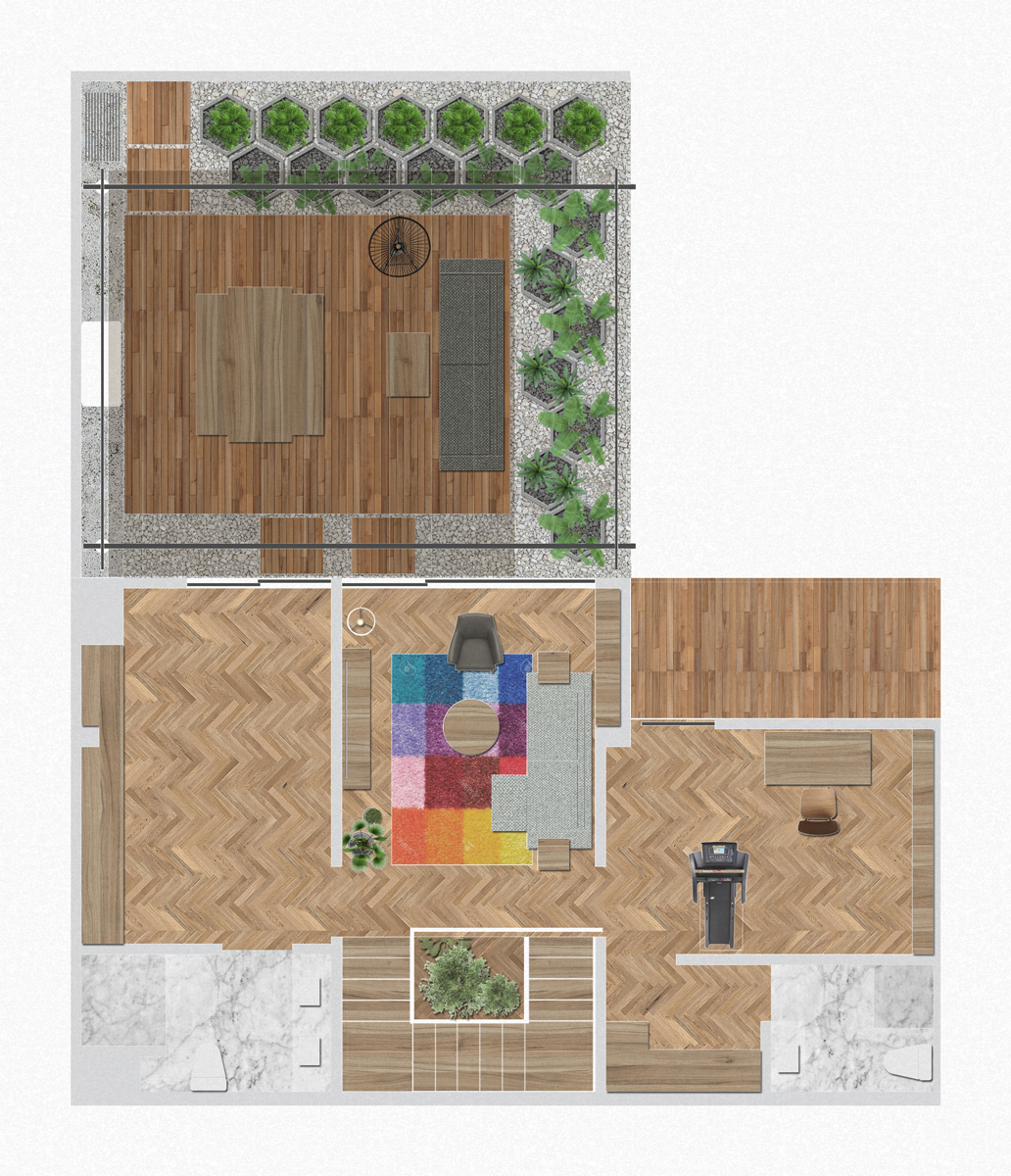 Floor plan drawing of the upper level showing a rooftop deck with hexagonal planters, a colorful rug in the lounge and a stair void
