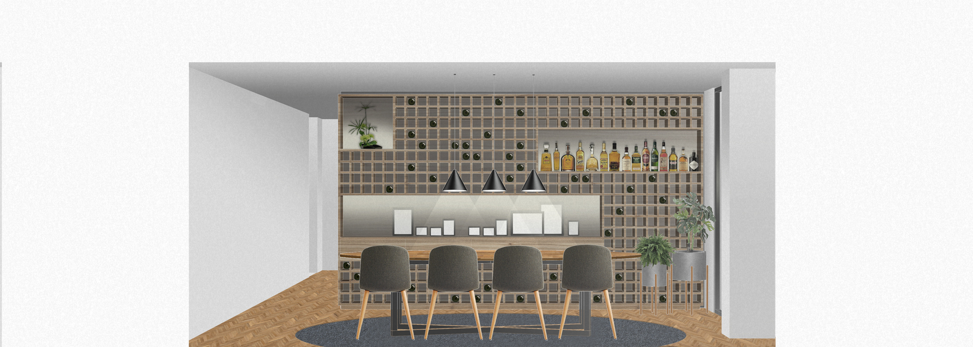 Interior elevation drawing of a bar wall with a wine bottle grid, liquor shelf, pendant lamps and four stools