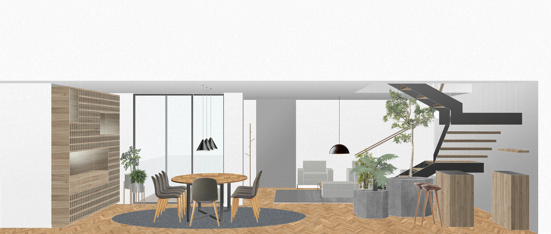 Interior elevation drawing of the dining area, planted stair with floating treads, and a gridded timber storage wall beside floor-to-ceiling glazing